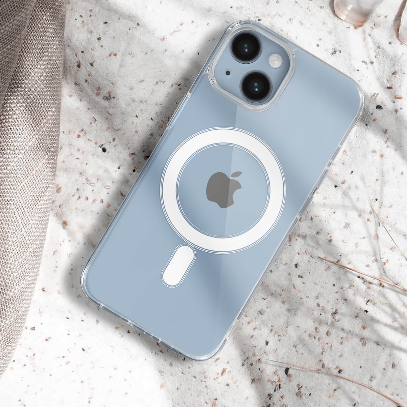 Custodia per telefono blu con logo Apple e area fotocamera.