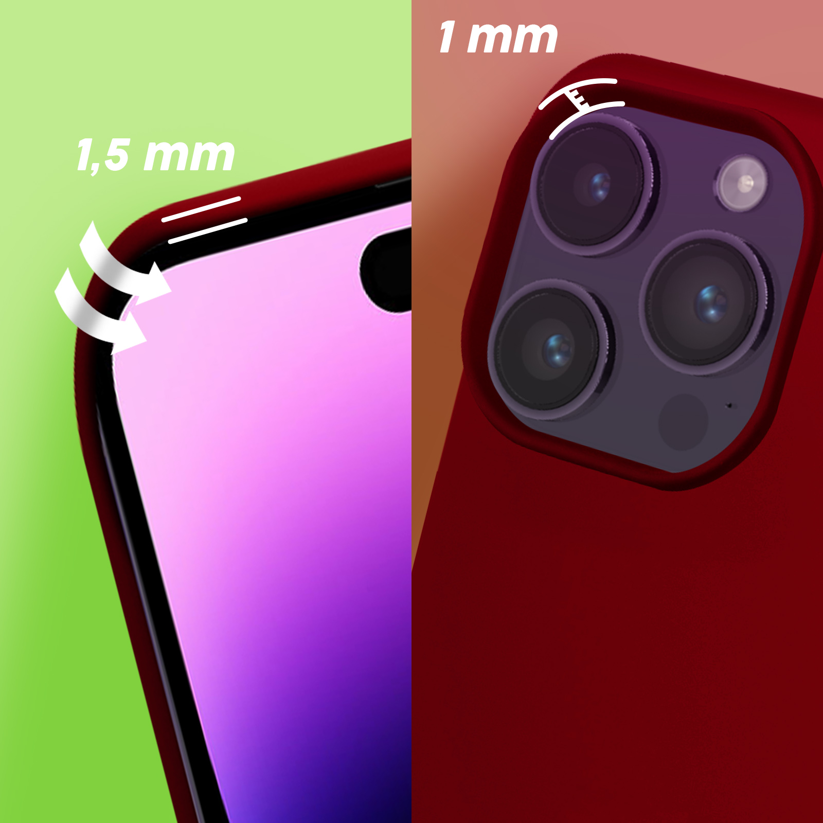 Close-up van een telefoonhoesje met hoek- en cameradetails. De hoes is rood.