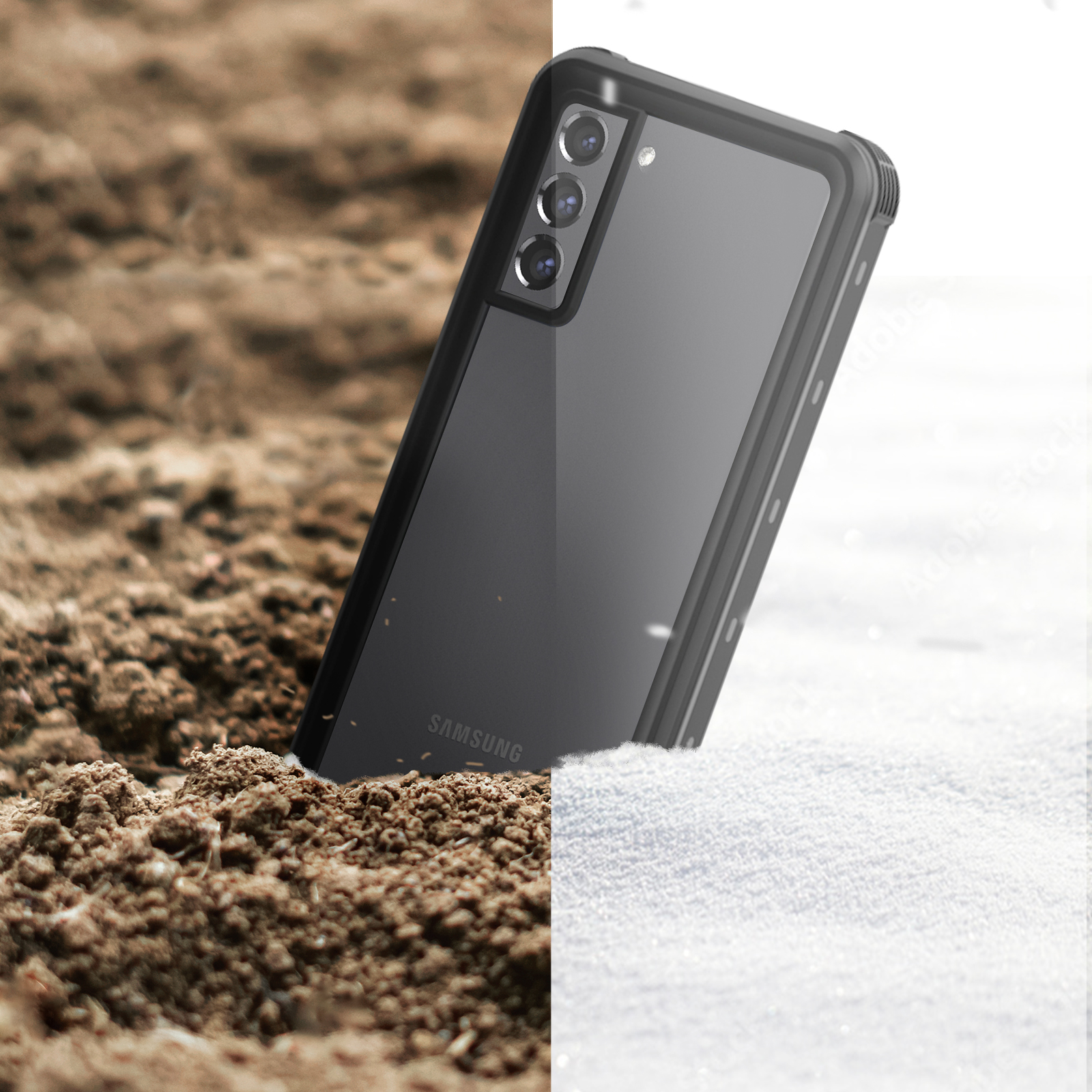Schwarzes Telefon in einer Hülle, halb in brauner Erde, andere Hälfte in weißem Schnee. Samsung-Logo sichtbar.