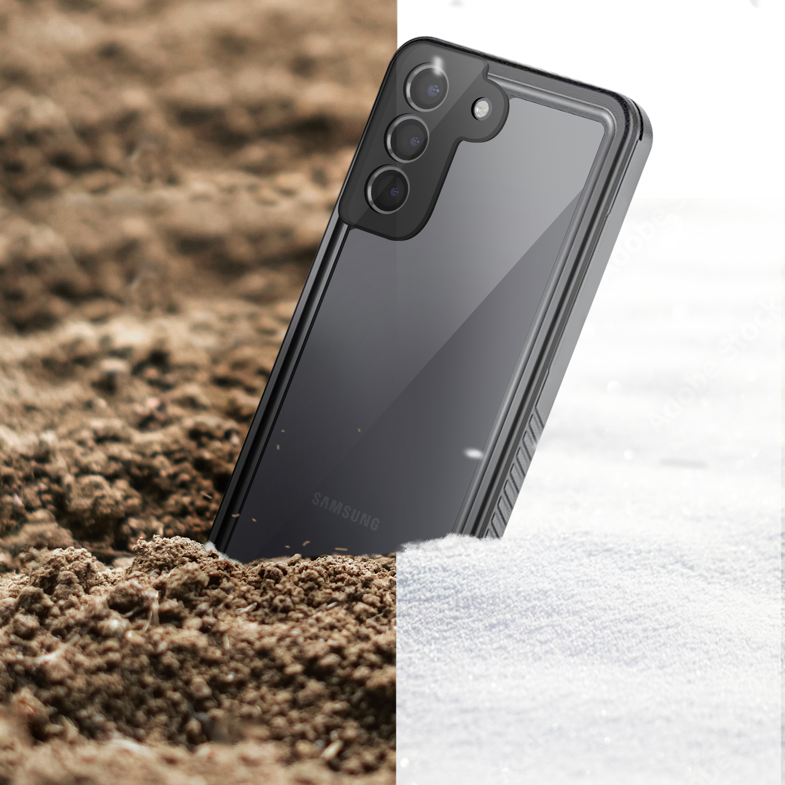 Schwarze Handyhülle auf einem Telefon. Eine Hälfte auf Erde, die andere auf Schnee.