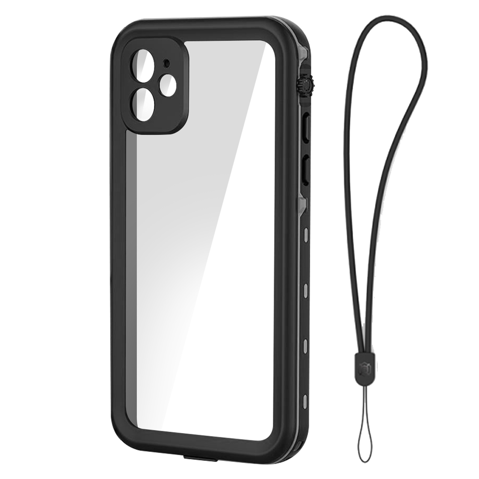 Una custodia per telefono nera con retro trasparente. La custodia ha un foro per cordino e un cordino nero allegato.