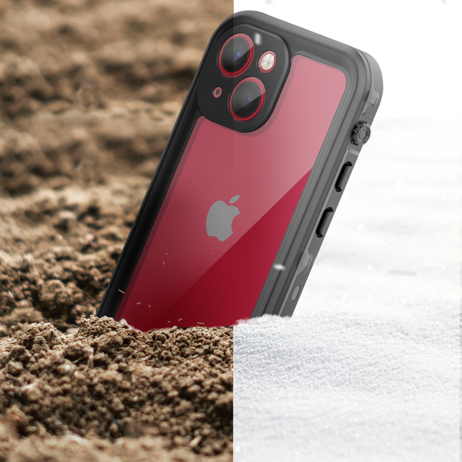 Eine Telefonhülle ist halb in Erde, halb im Schnee vergraben und zeigt das rote Telefon darin.