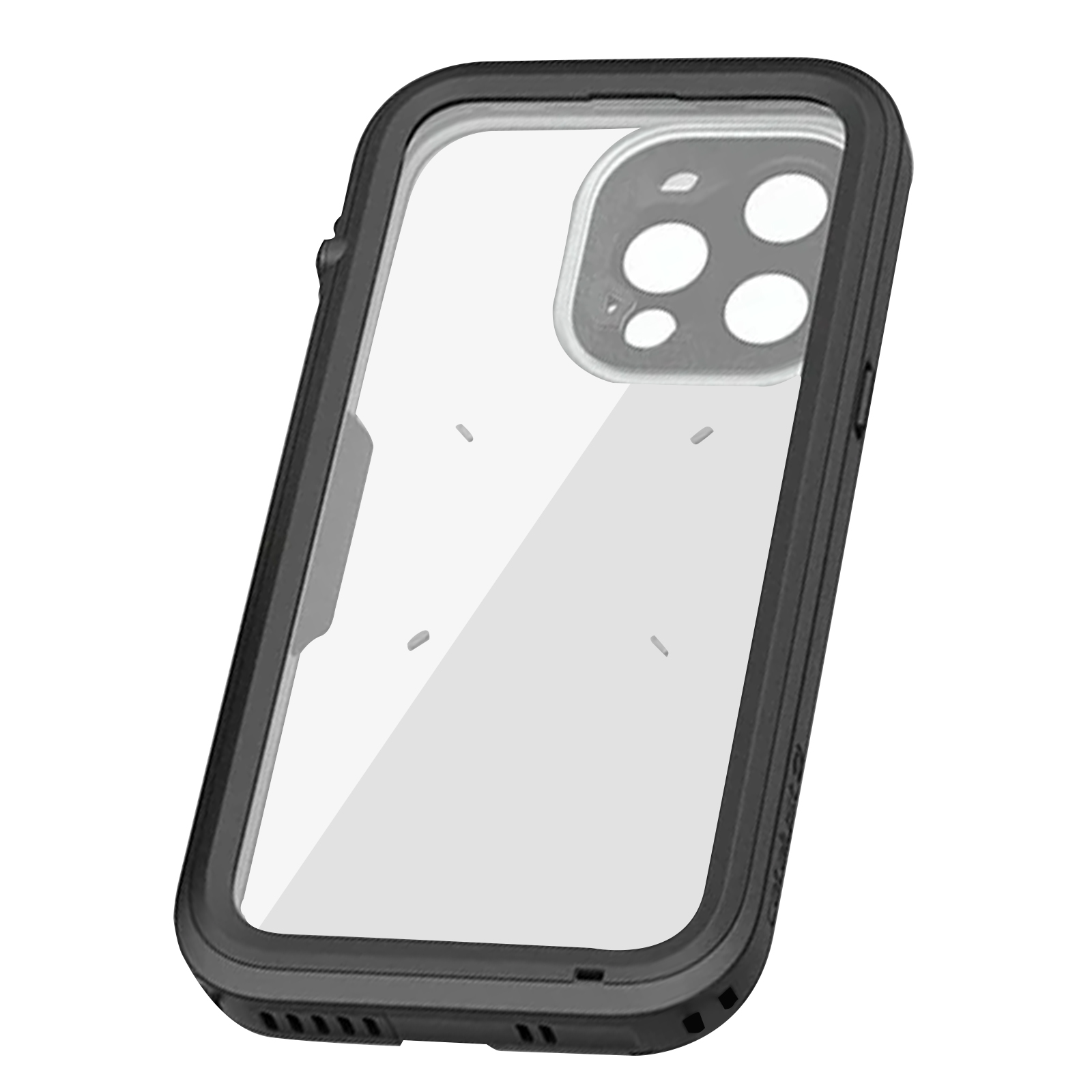 Transparente Handyhülle mit schwarzem Rahmen.