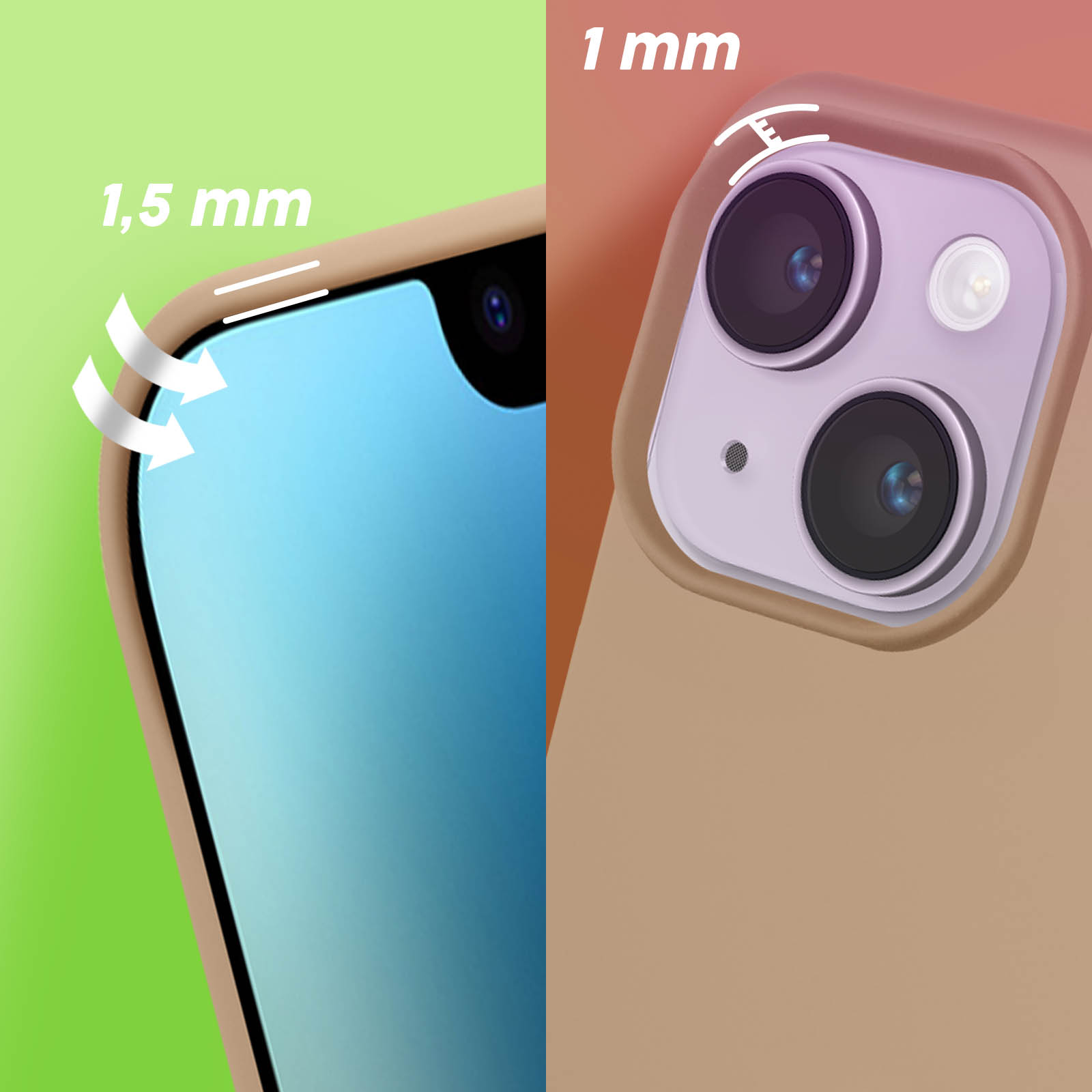 Deux vues rapprochées d'étuis de téléphone. Gauche : coin du téléphone, droite : caméras du téléphone. Les deux sont dans l'étui.