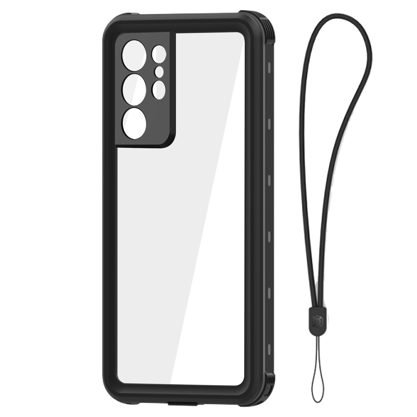 Una custodia trasparente per telefono con cornice nera e cinturino da polso.