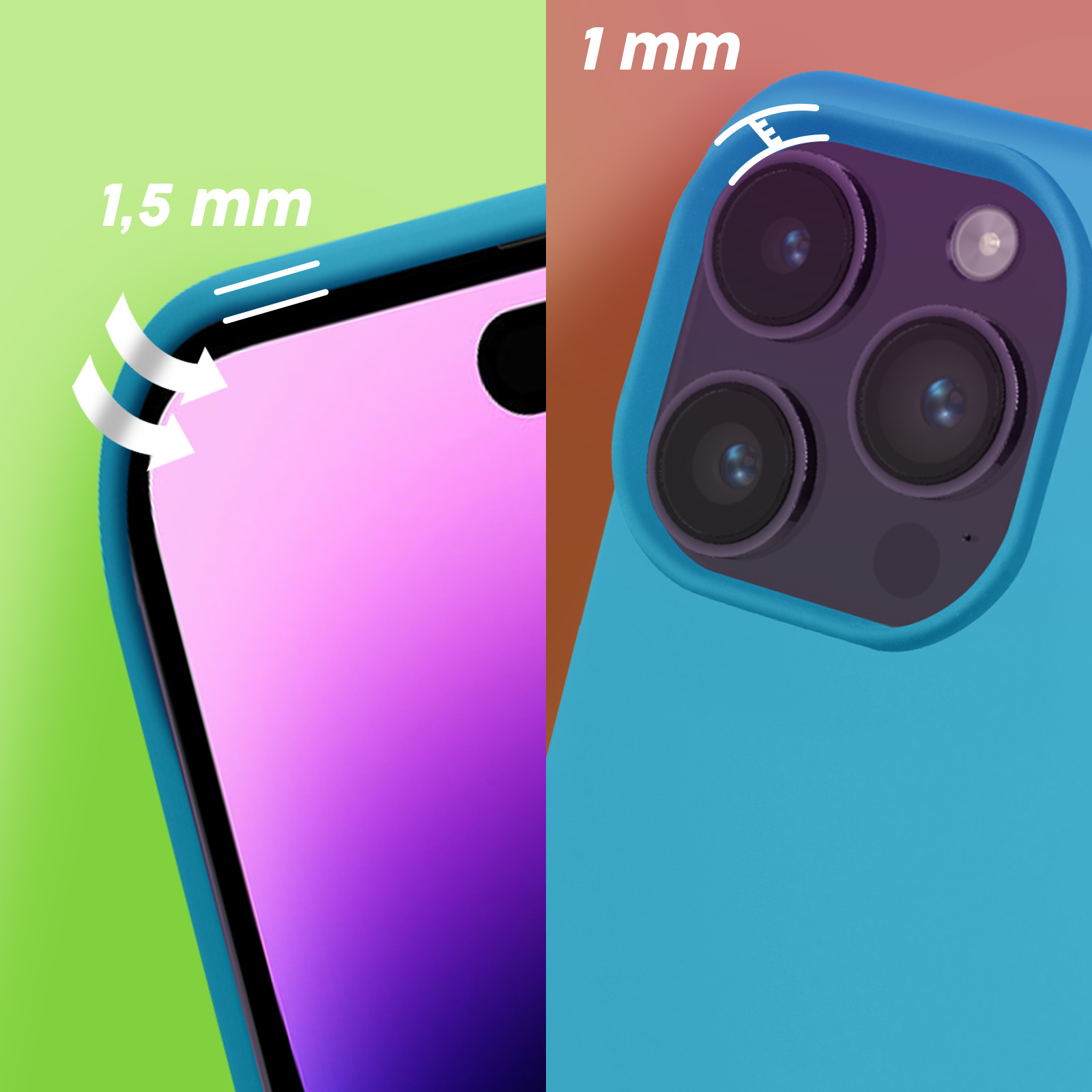 Telefoonhoes details. 1,5 mm rand links, 1 mm camerabescherming rechts.