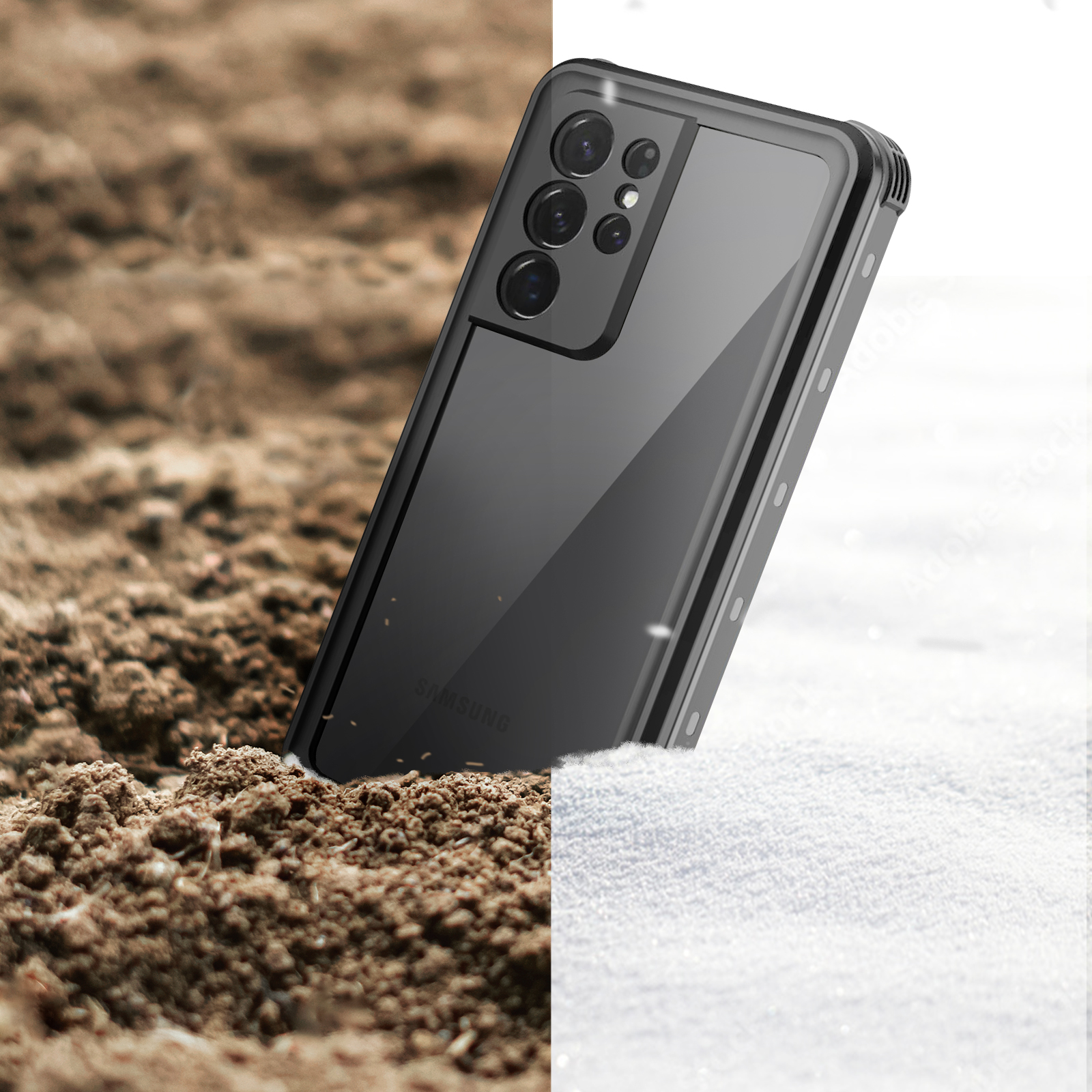 Un telefono nero in una custodia è su uno sfondo diviso di terra e neve.
