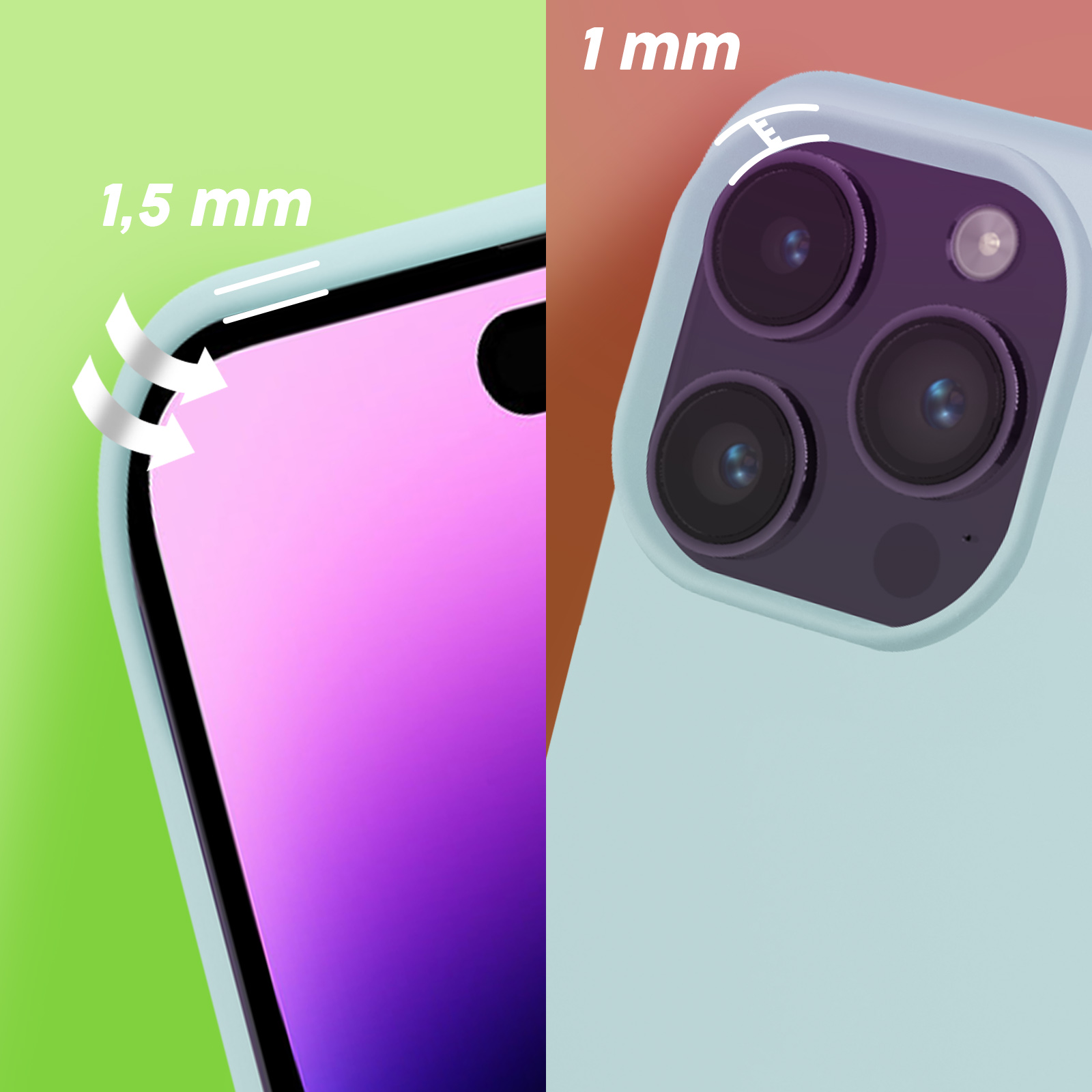 Twee telefoonhoesjes: één met een rand van 1,5 mm, de ander met een rand van 1 mm. Ze beschermen de cameralens.