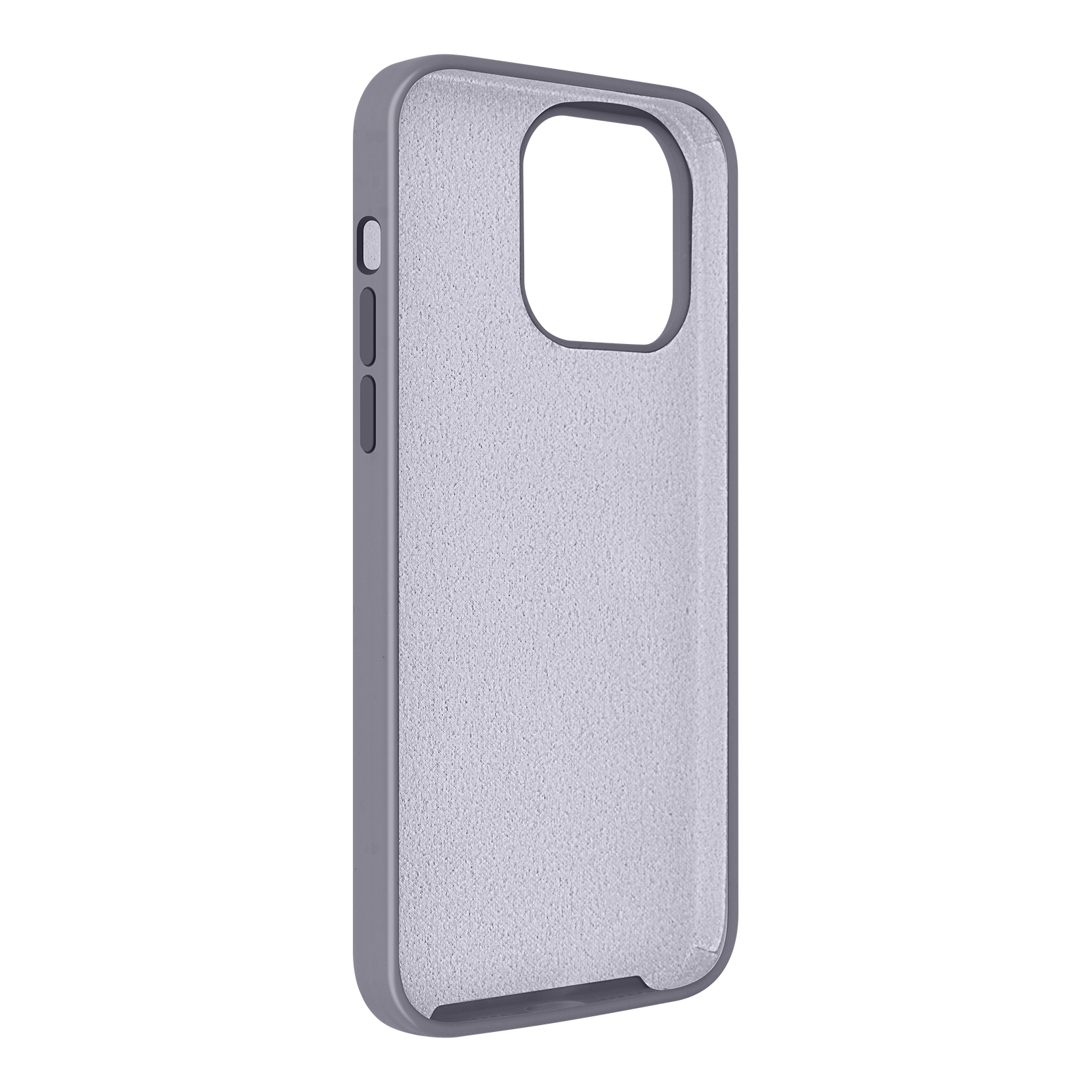 Een grijze beschermhoes voor de telefoon, met de binnenkant en de zijknoppen.