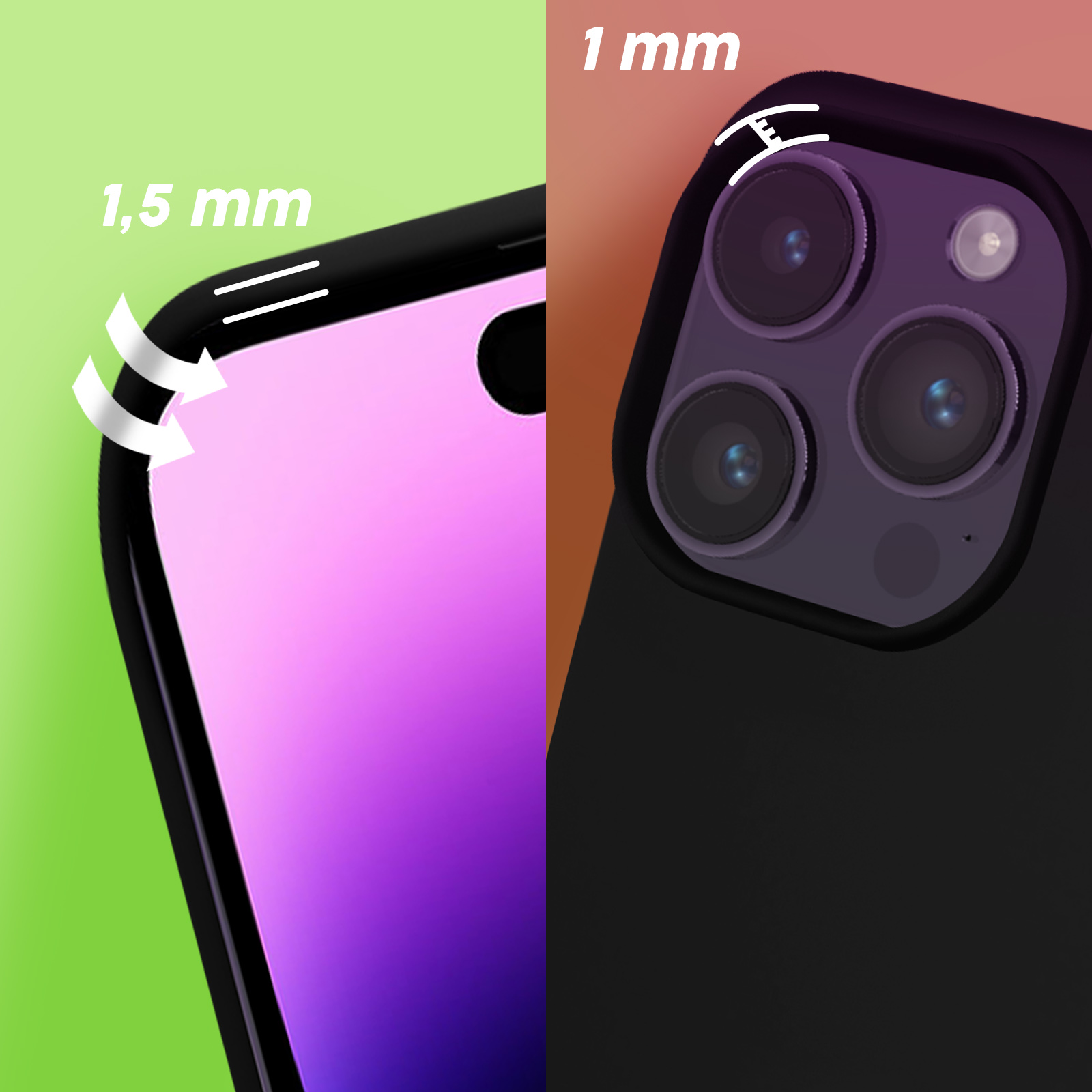 Twee telefoonhoesjes. Eén toont de rand, de ander de camera.