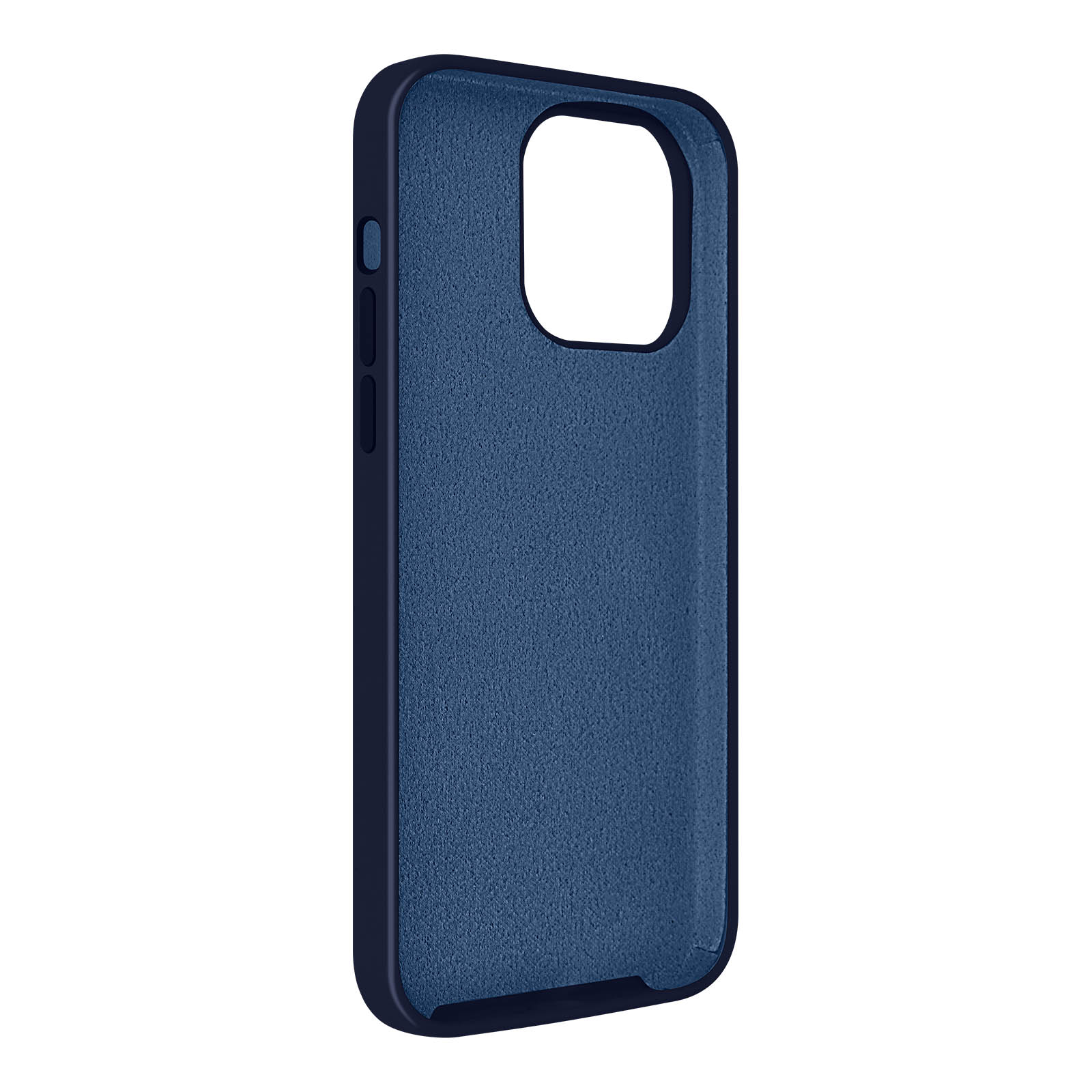 Een close-up van een blauwe telefoonhoes met een donkerblauw frame.