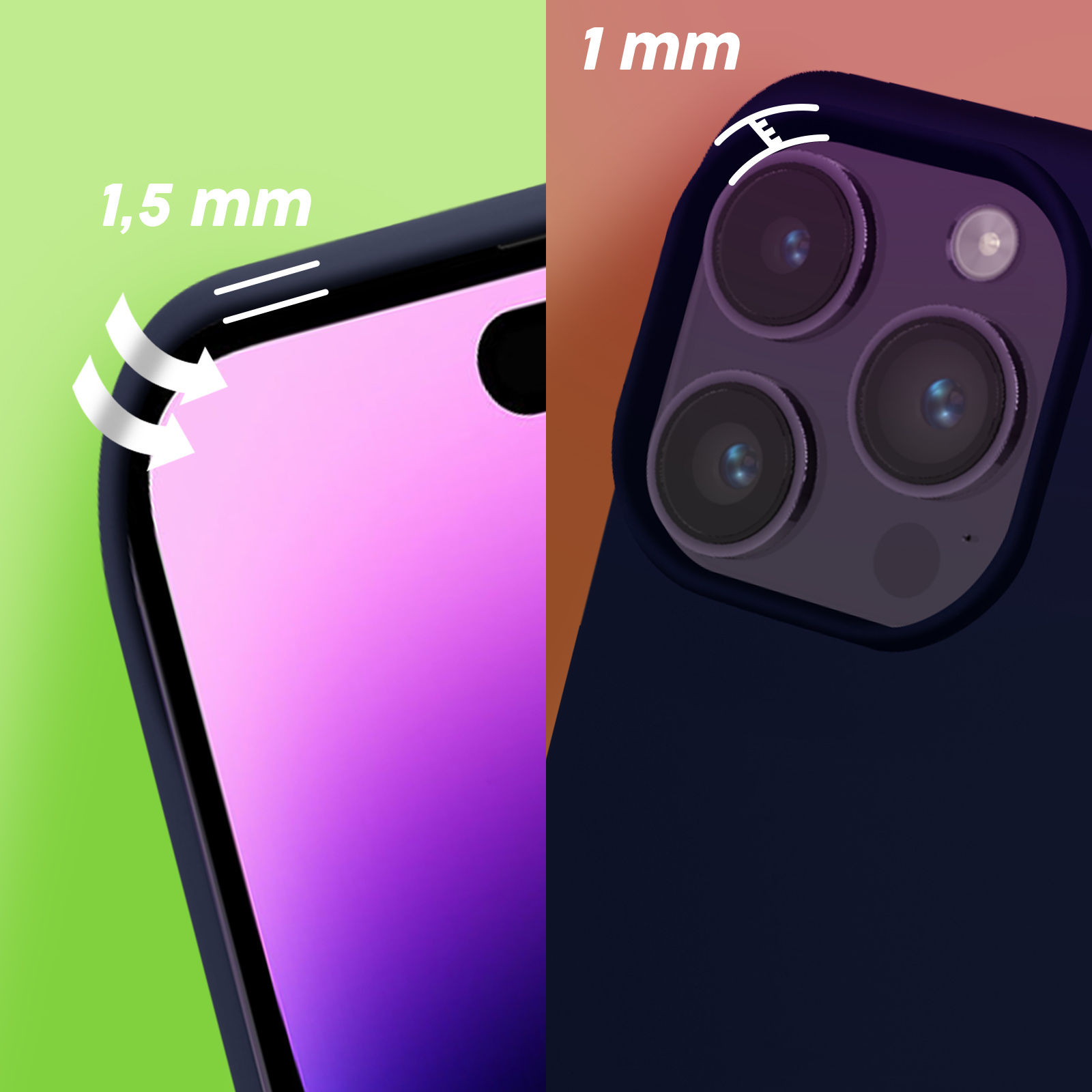 Twee close-ups van telefoonranden, een groene achtergrond en 1,5 mm rand, andere paars met 1 mm rand.