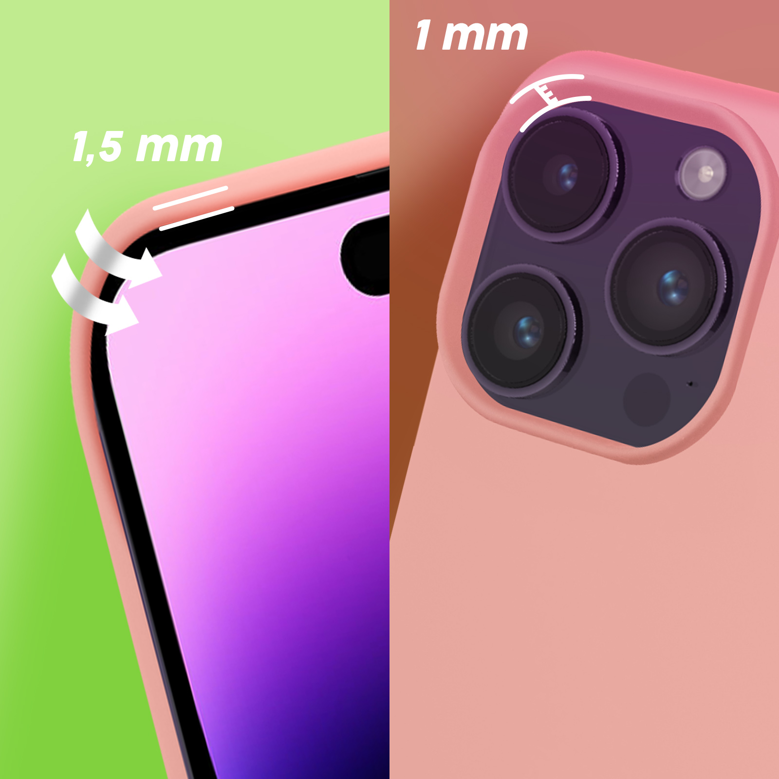 Close-up van telefoonhoeshoeken. De rand van de ene kant is 1,5 mm dik, de andere 1 mm. De camera van de telefoon is zichtbaar.