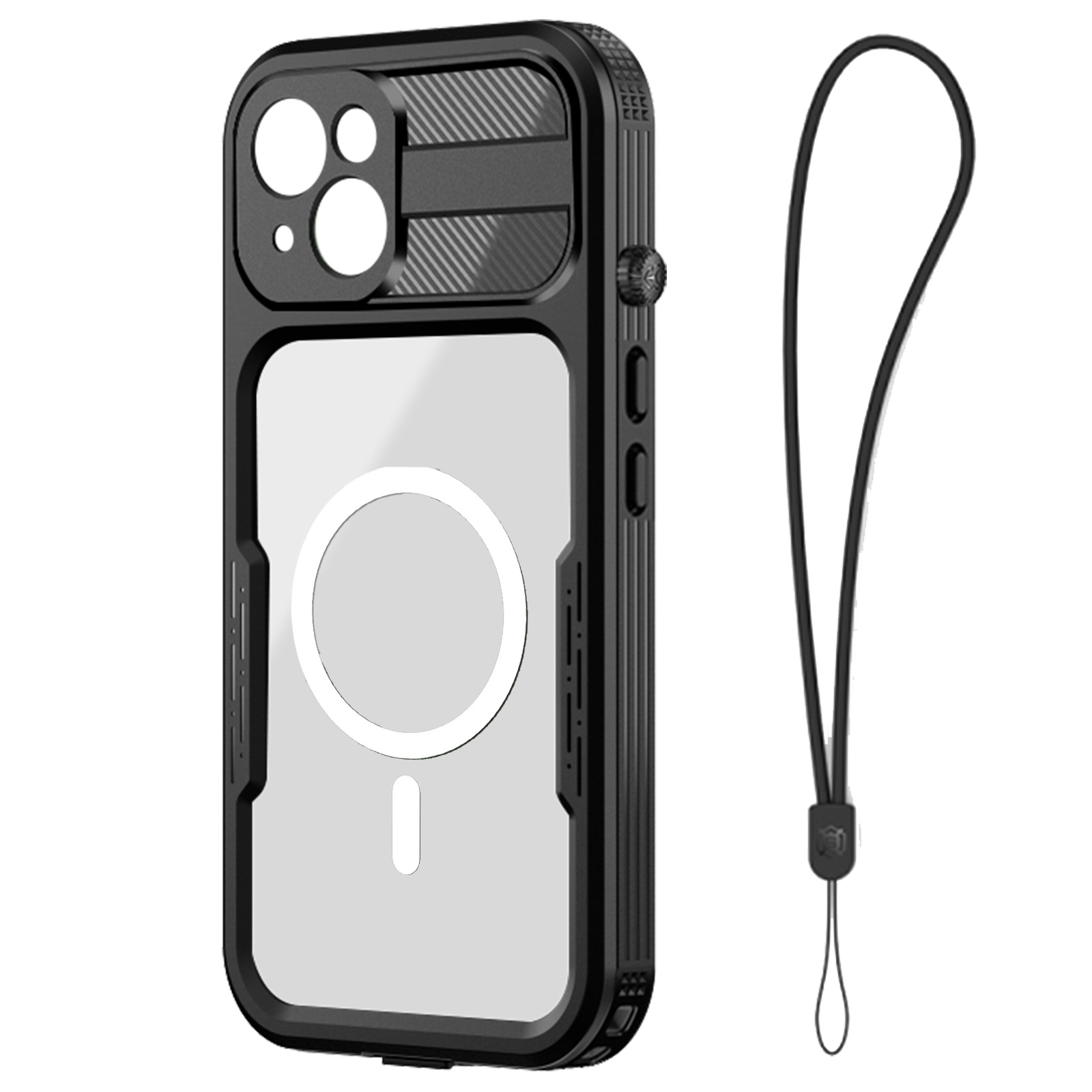 Custodia nera con retro trasparente e anello MagSafe, con cordino nero.