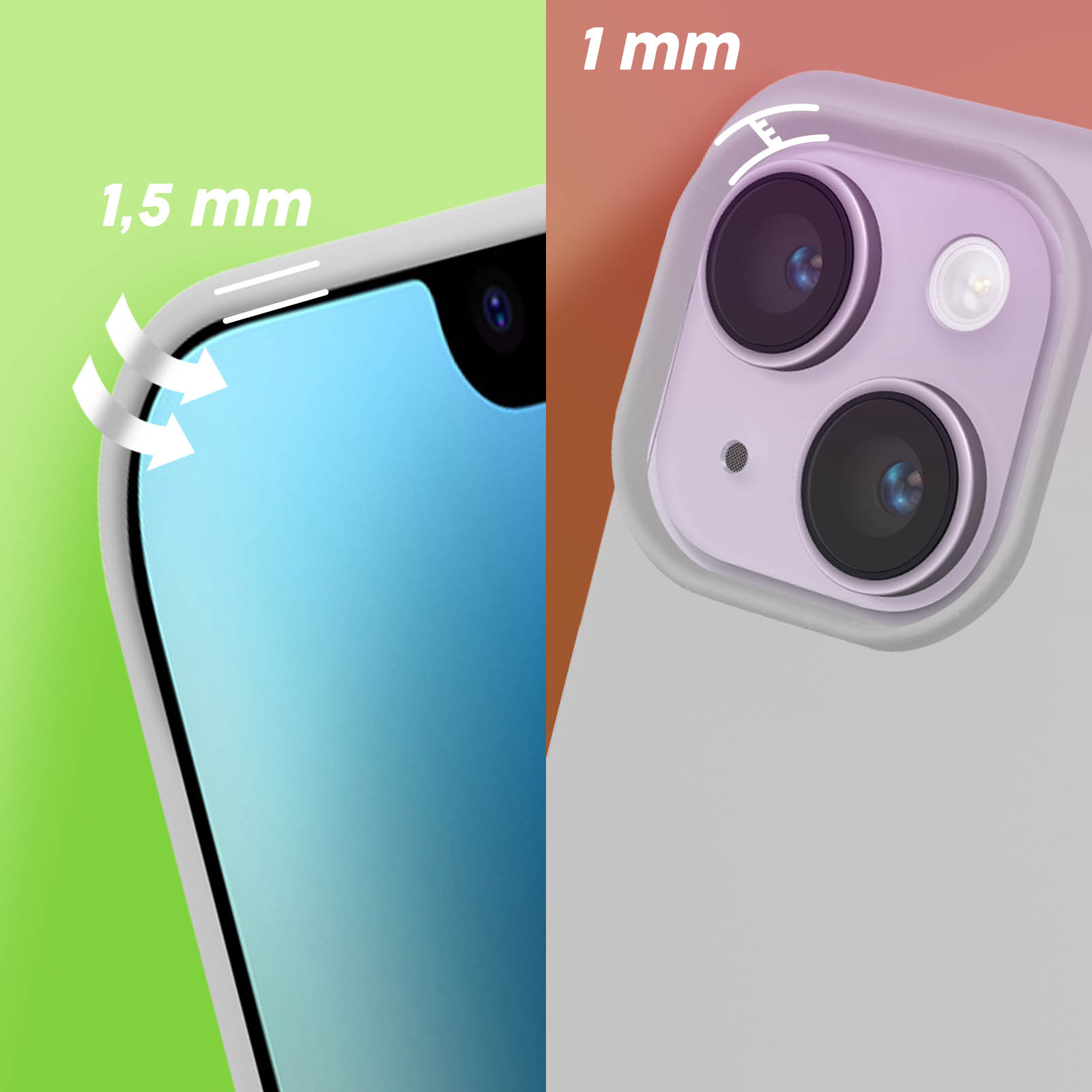 Telefoonhoes detail toont randbescherming. De hoes heeft verhoogde randen voor scherm en camera.