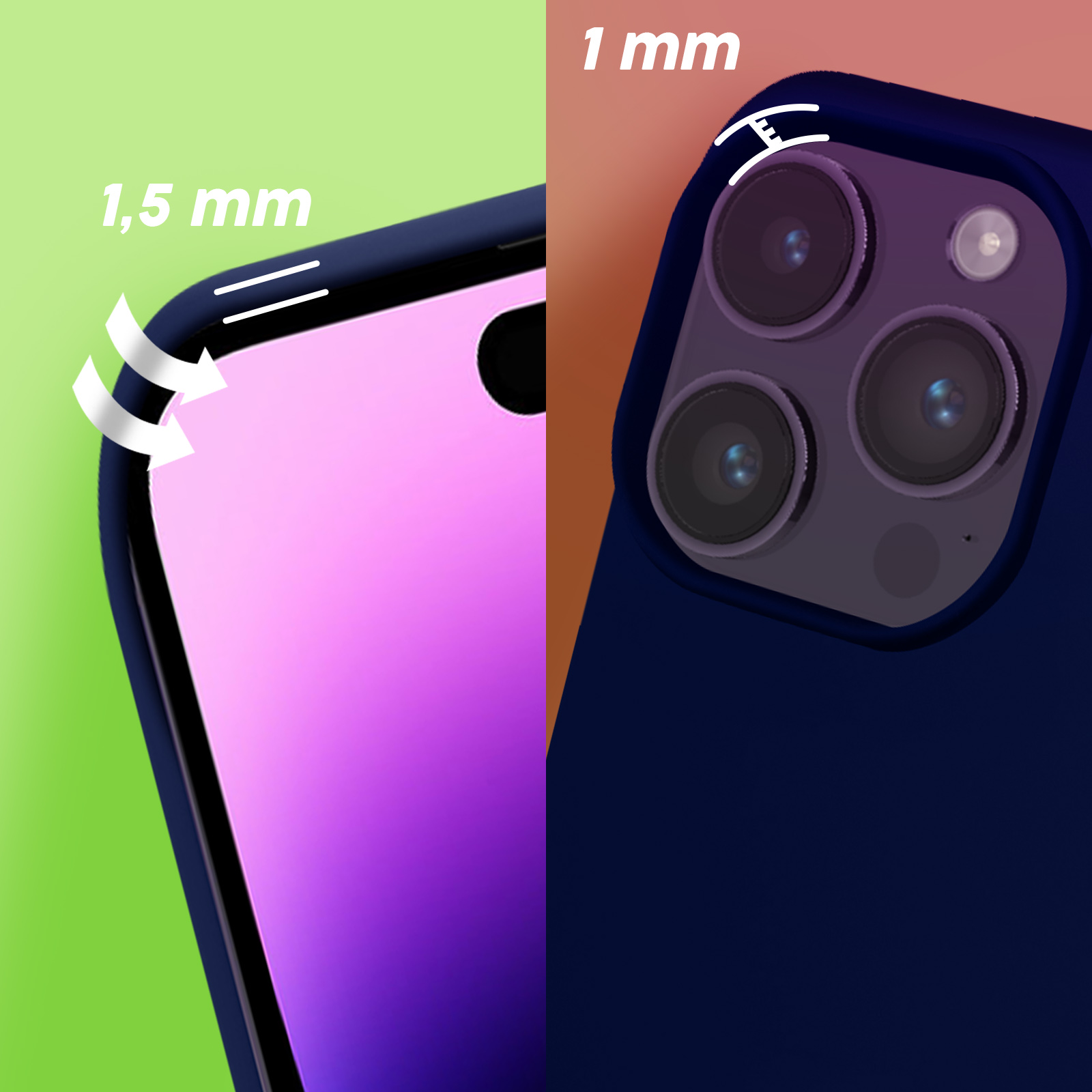 Gros plan d'une coque de téléphone montrant les détails des coins et de l'appareil photo, avec des mesures indiquées.