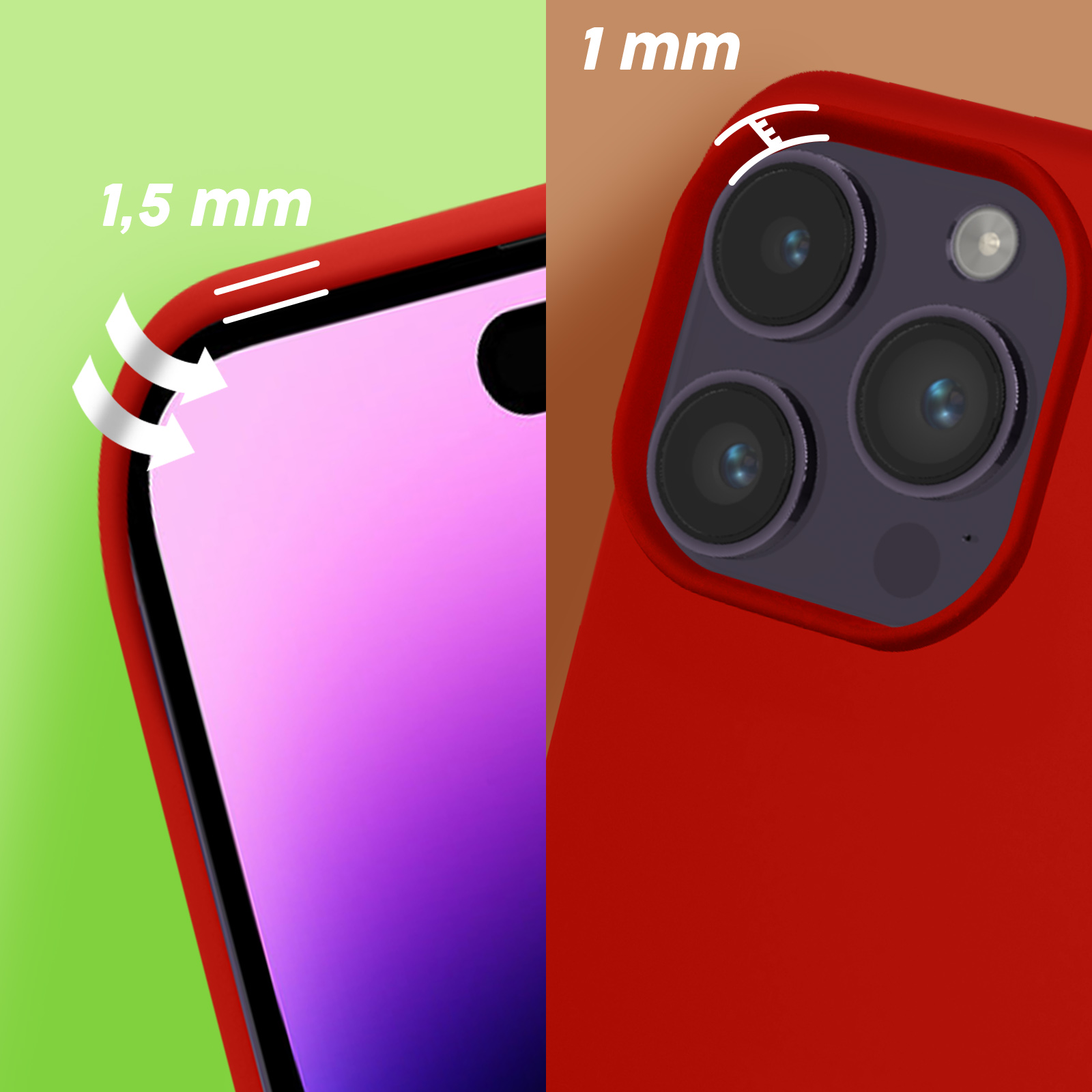 Close-up van een rode telefoonhoes, met vergelijkingen van de randdikte in mm.