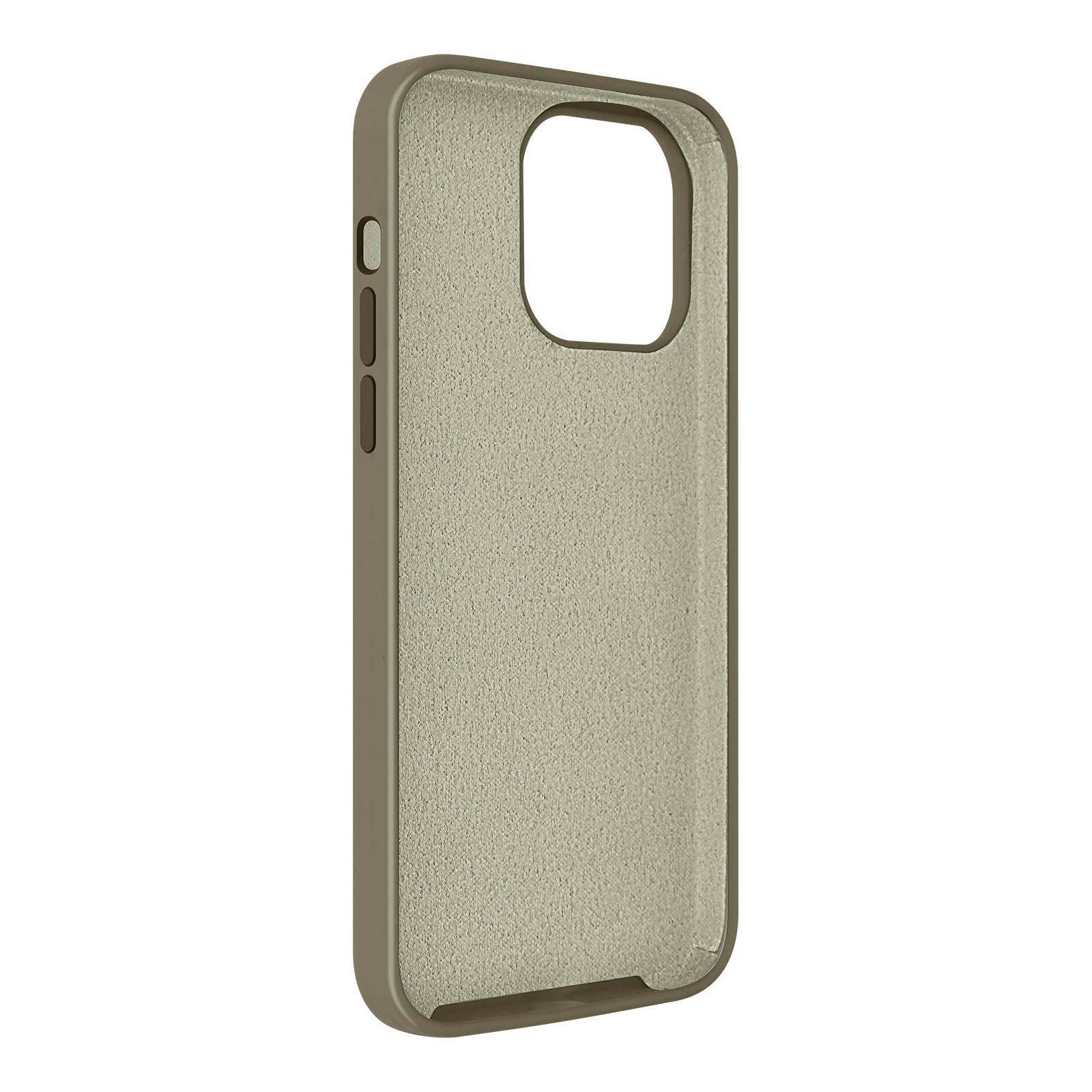 Coque de téléphone vert olive, montrant l'intérieur et les bords.