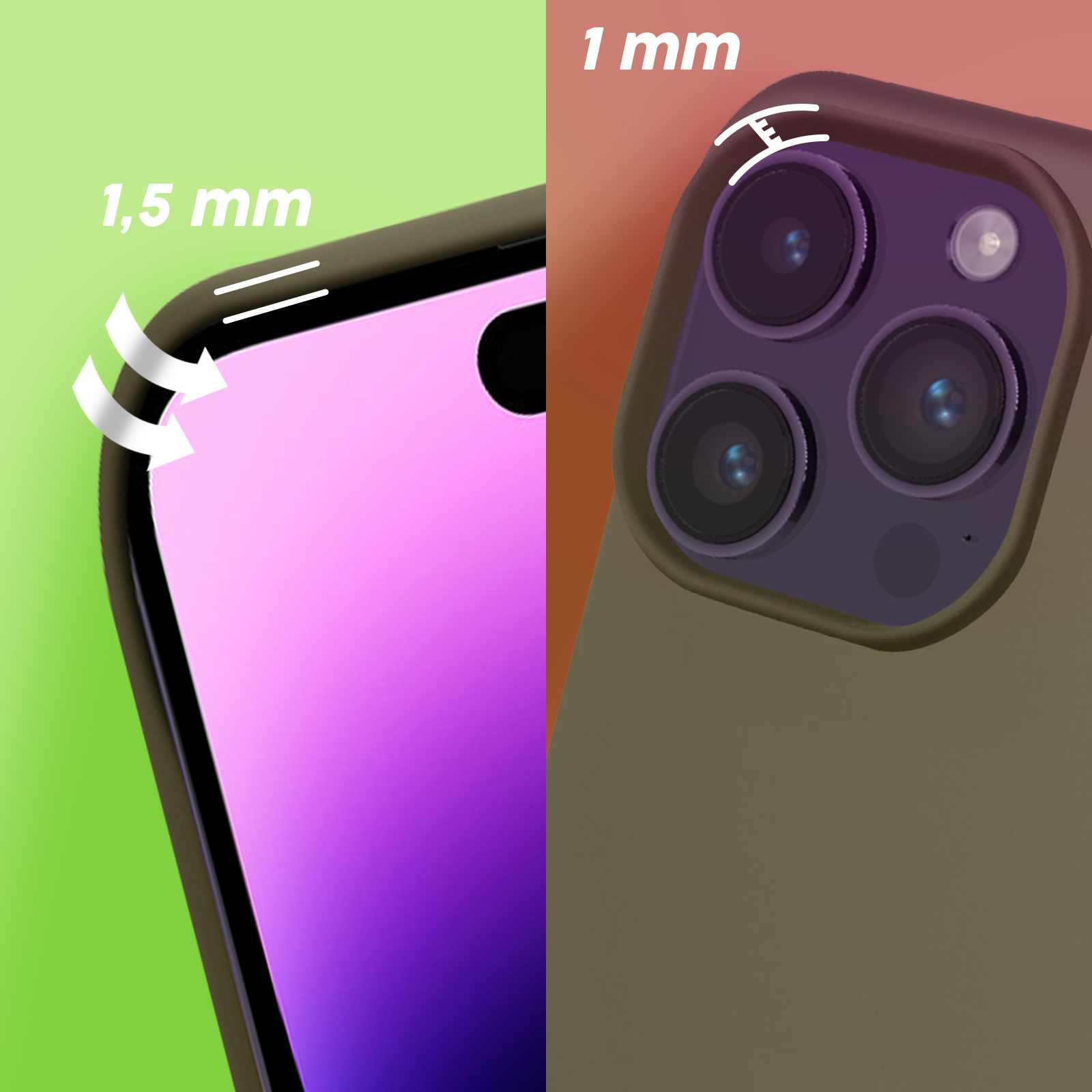 Comparaison des bords de coques de téléphone : 1,5 mm vs 1 mm. Téléphone et coque visibles. Flèches montrent la comparaison.