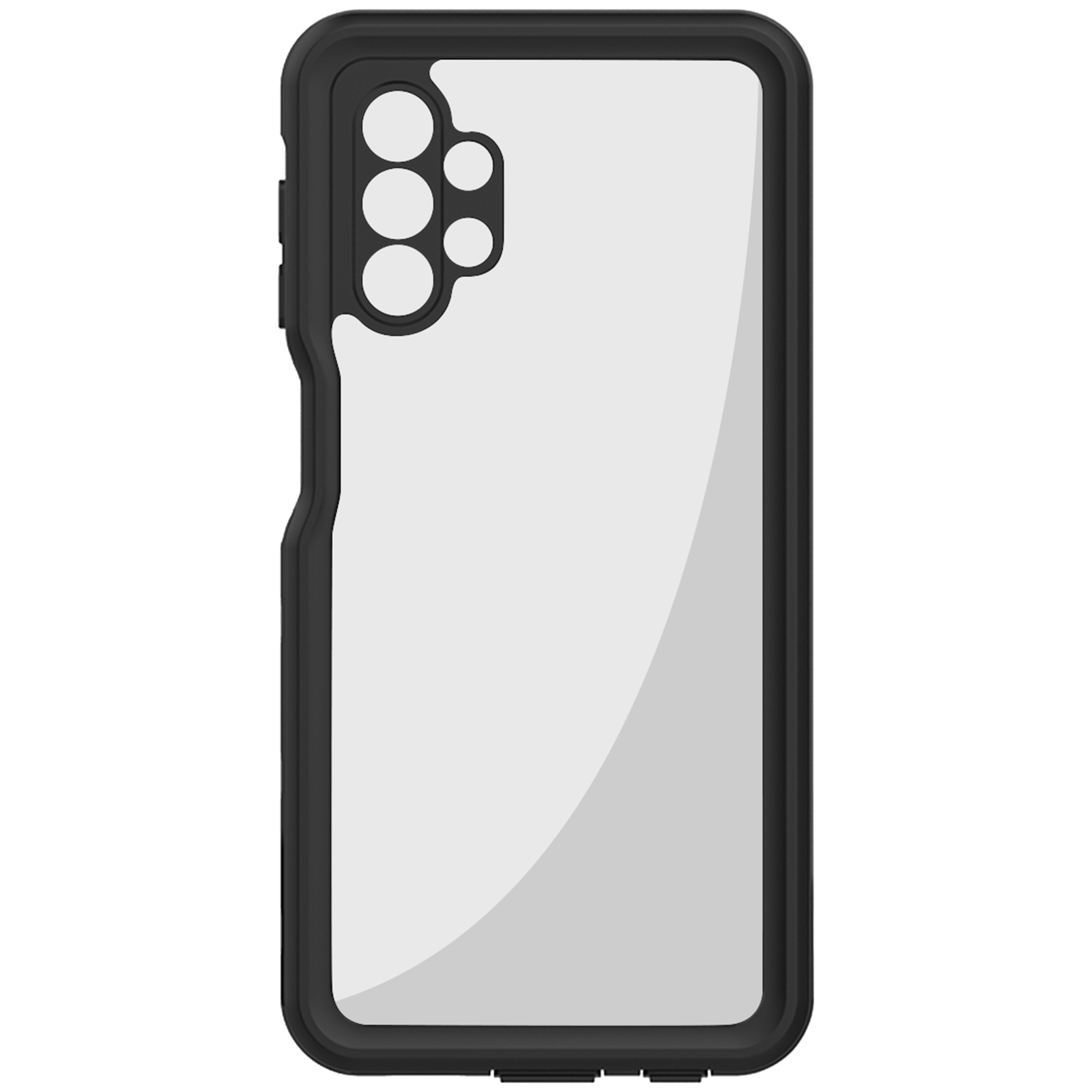 Zwarte telefoonhoes met een wit binnenframe. Het heeft camera-uitsparingen en knopafdekkingen.