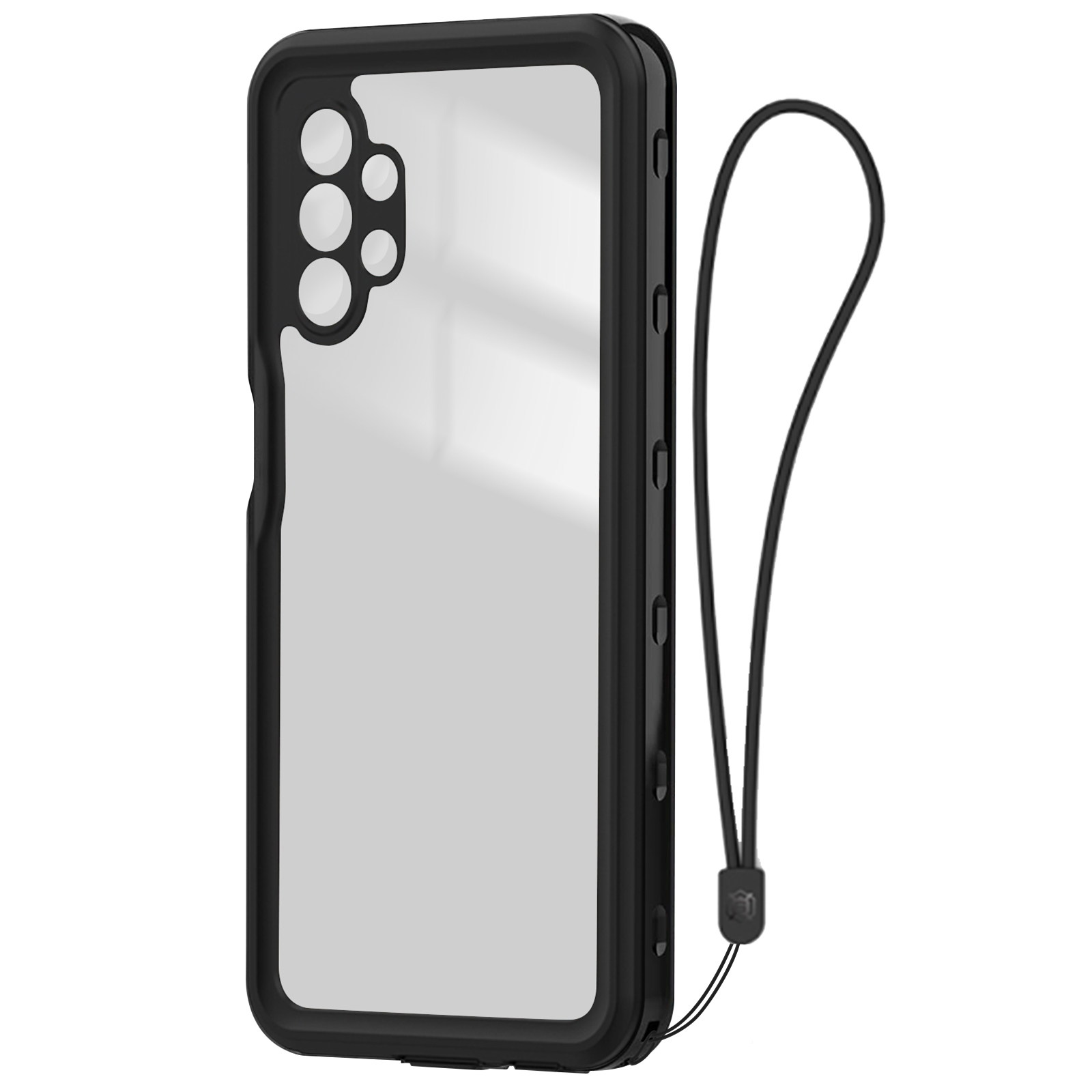 Zwart telefoonhoesje met een doorzichtige achterkant en een zwarte riem. De hoes heeft een doorzichtige achterkant en een zwart frame.
