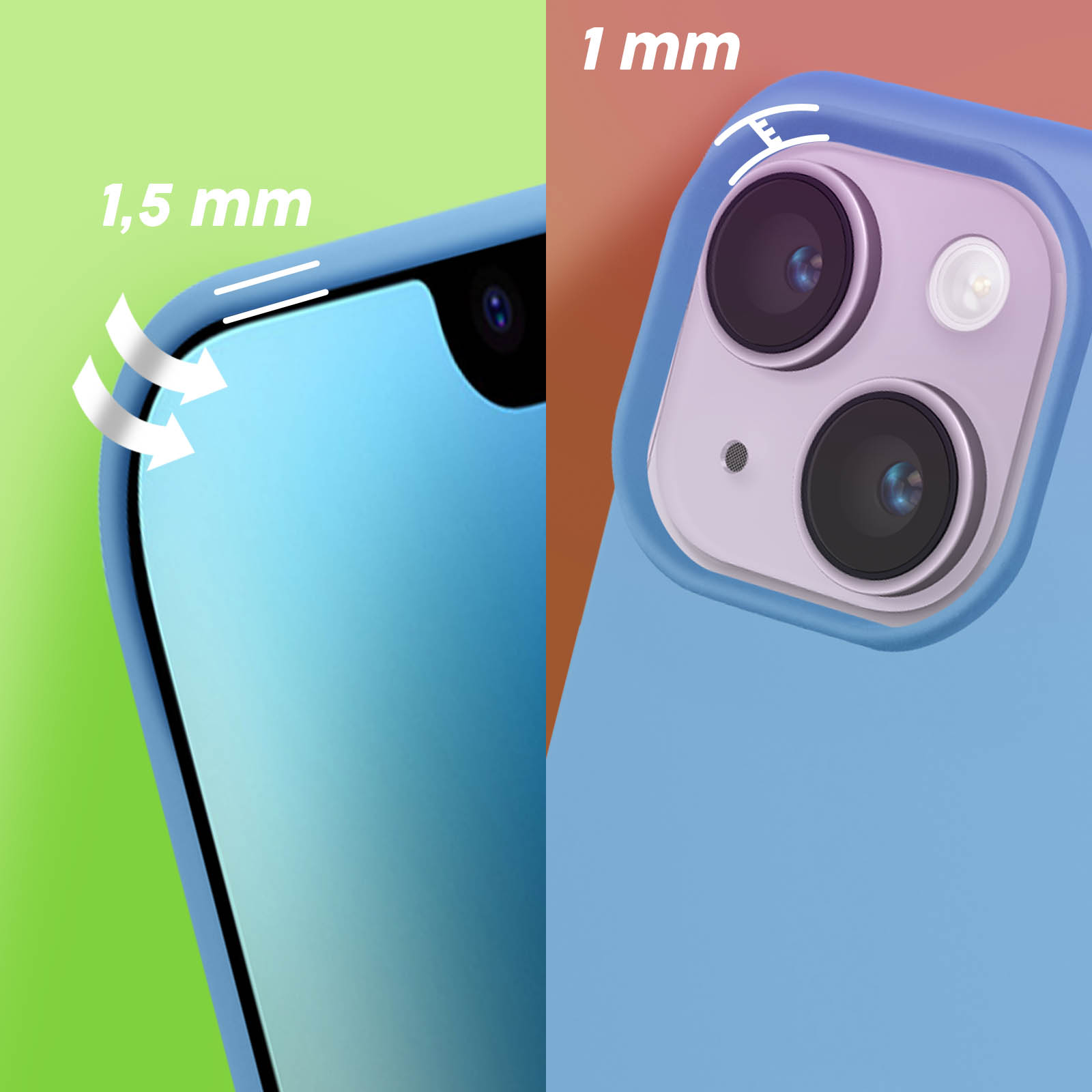 Close-up van een blauwe telefoonhoes met cameradetails.