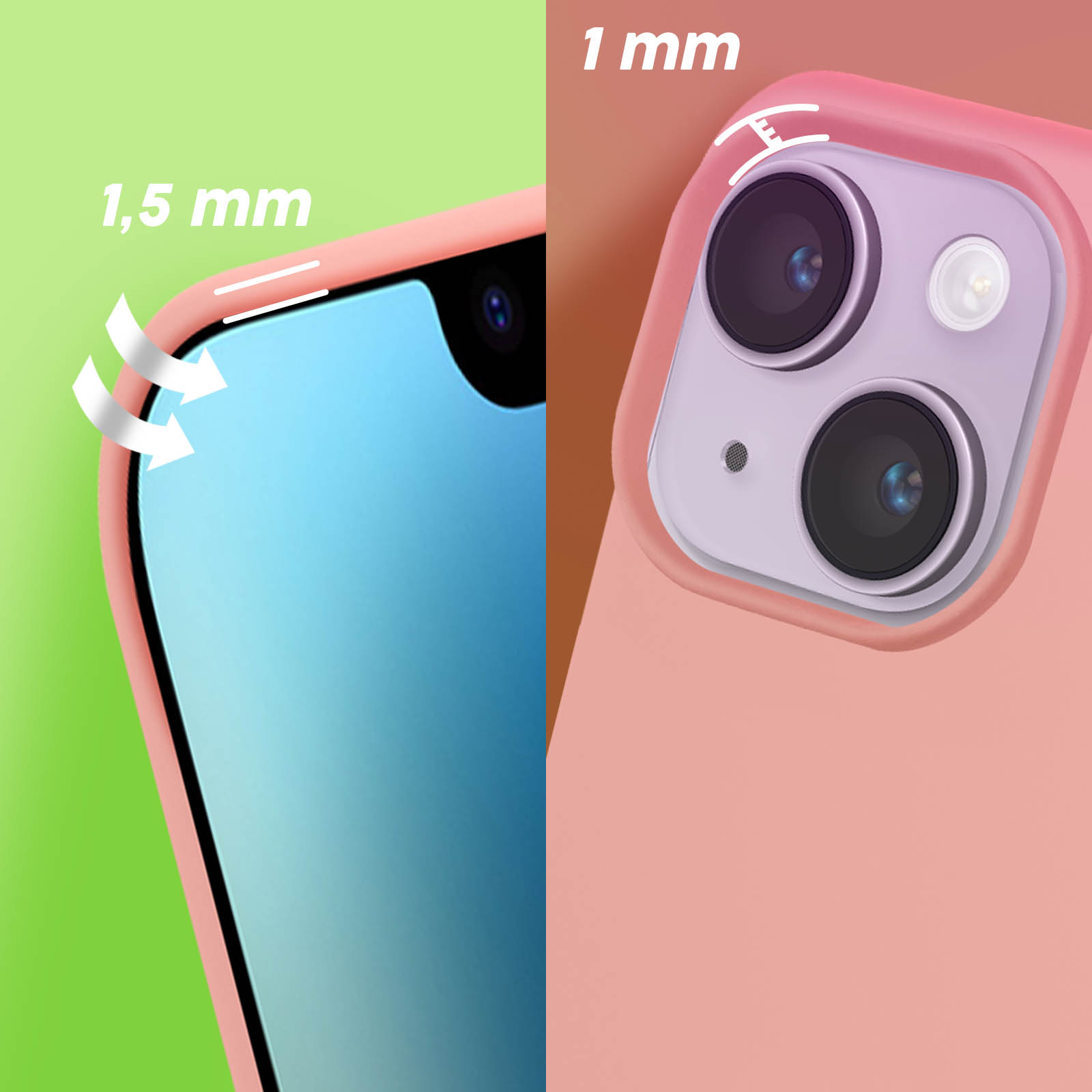 Gros plan sur une coque de téléphone rose. Montre les détails du bord et de la caméra avec des flèches d'épaisseur.