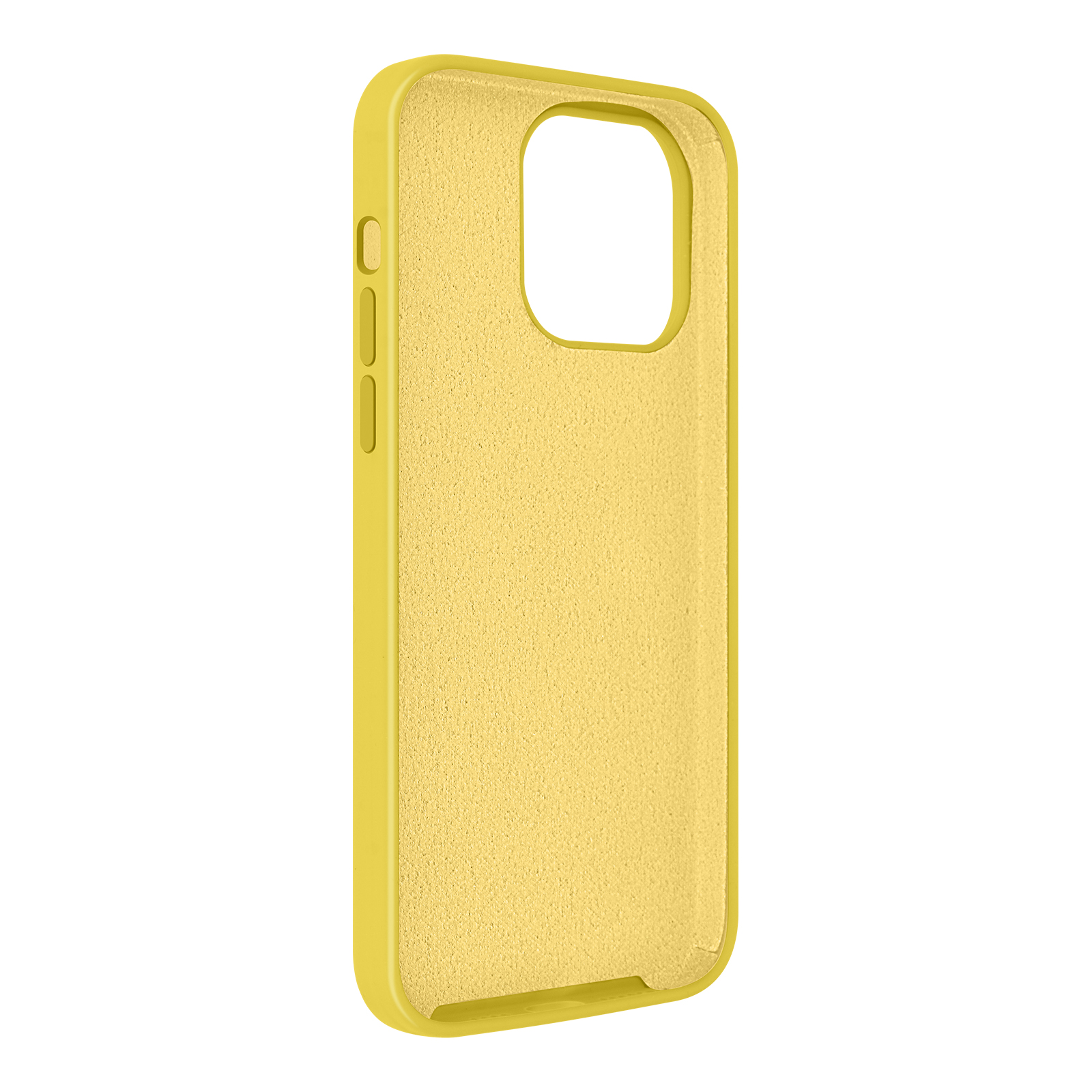 Een gele telefoonhoes, die de binnen- en buitenkant van de hoes laat zien.