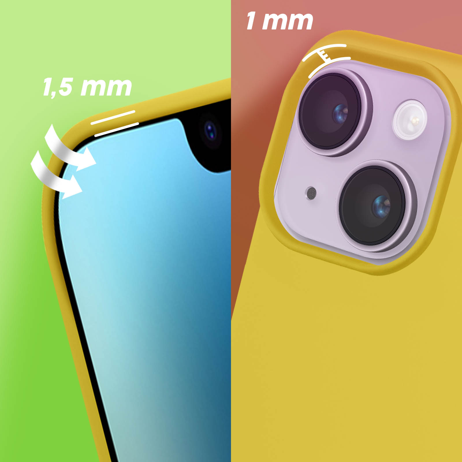 Gele telefoonhoes, een close-up van een telefoon, met een groene achtergrond. Toont telefoonranden en camera.