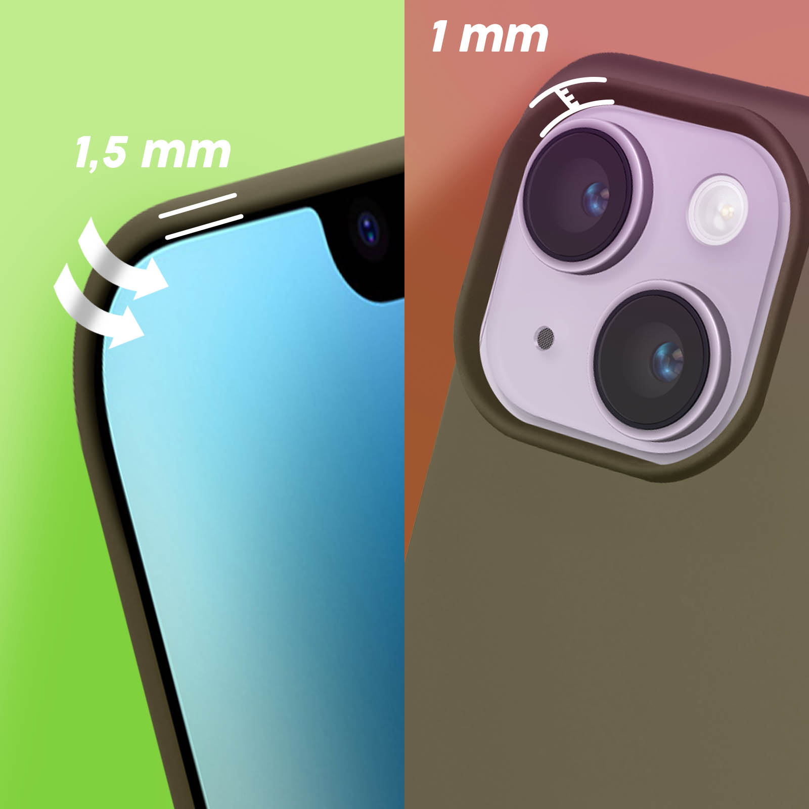 Close-up van telefooncase randen. Eén kant toont 1,5 mm, de andere 1 mm dikte. Groene en bruine kleur.