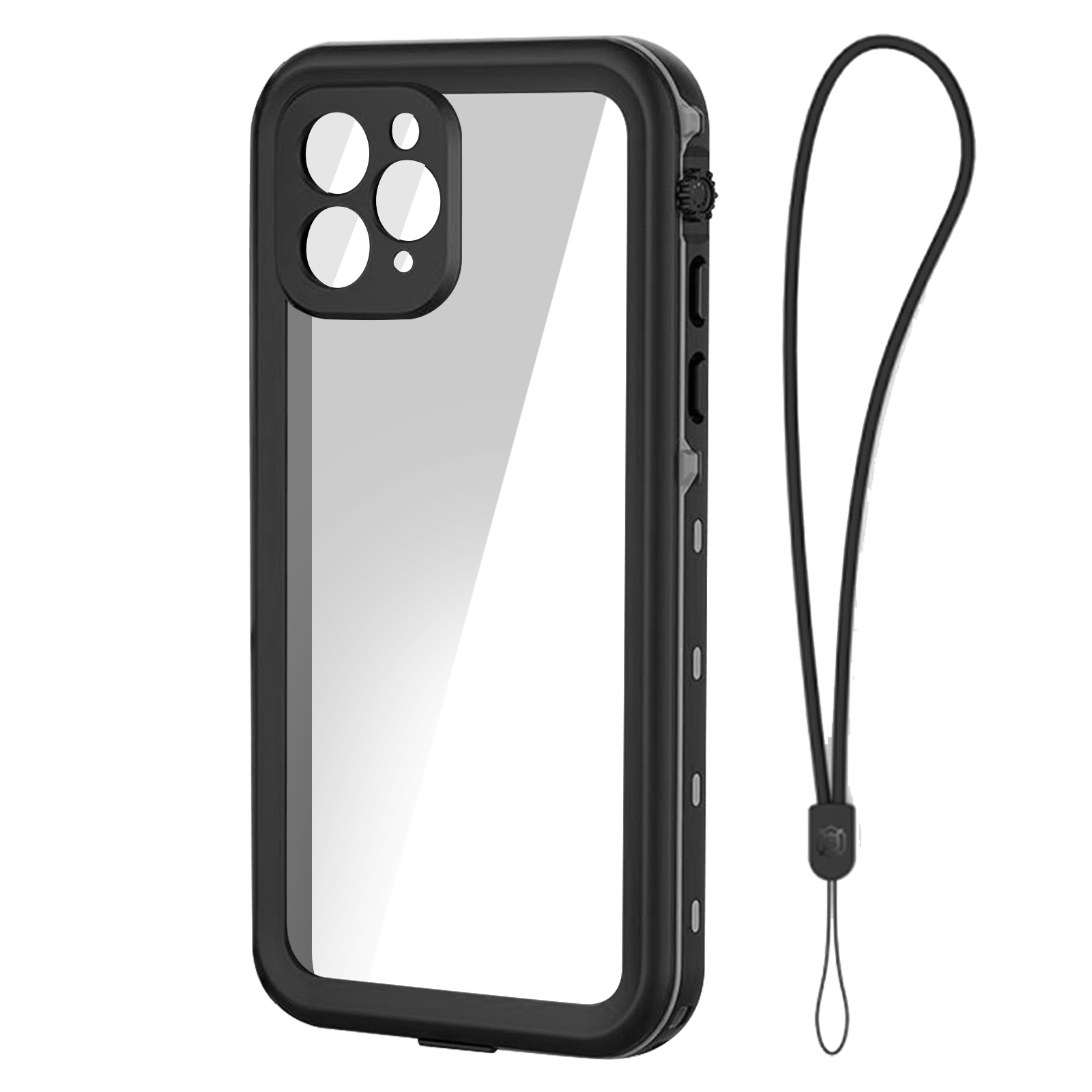 Custodia per telefono nera e trasparente con cordino. Ha aperture per la fotocamera.