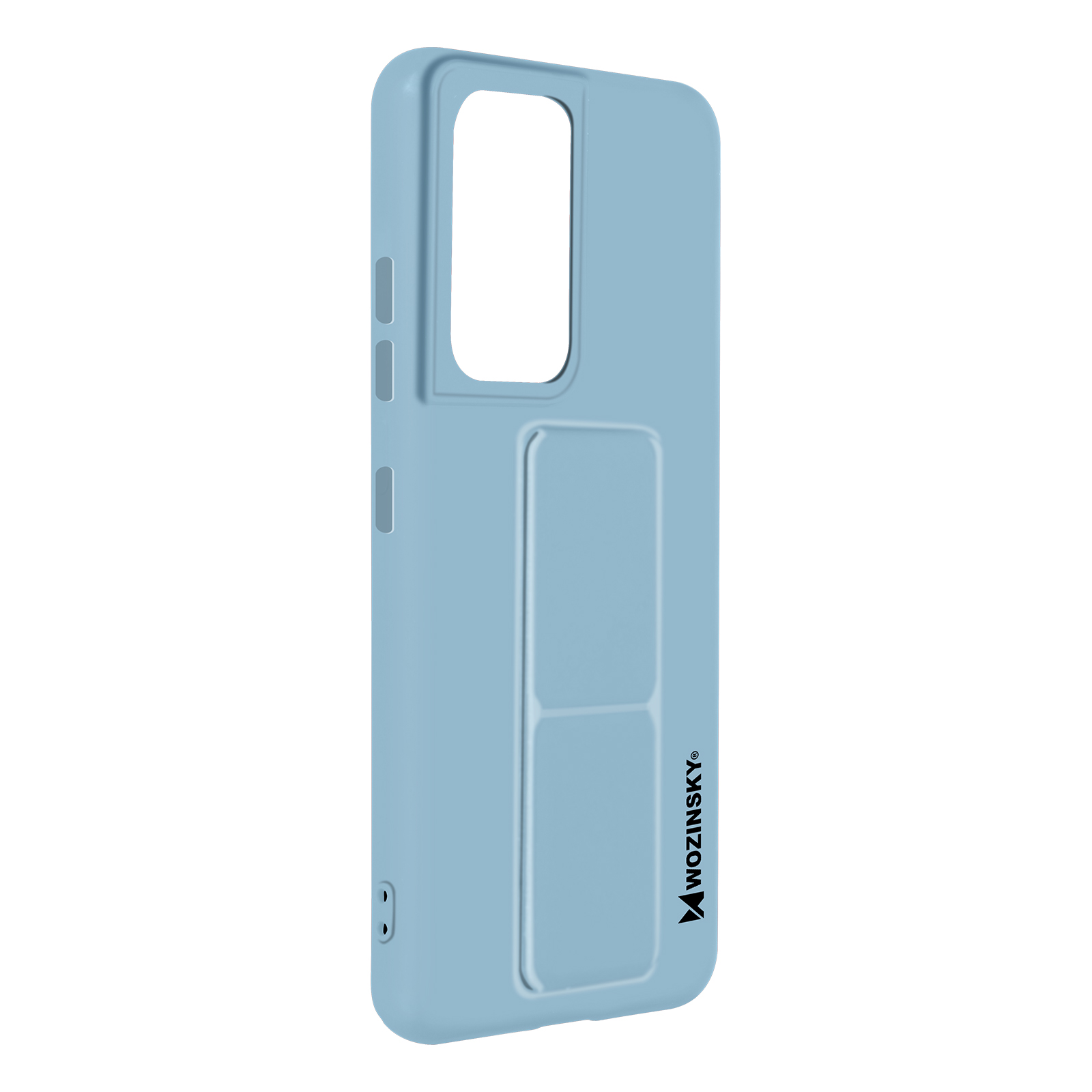 Niebieskie etui na telefon. Z tyłu ma uchwyt. Widoczna nazwa marki Wozinsky. Jasnoniebieski kolor.