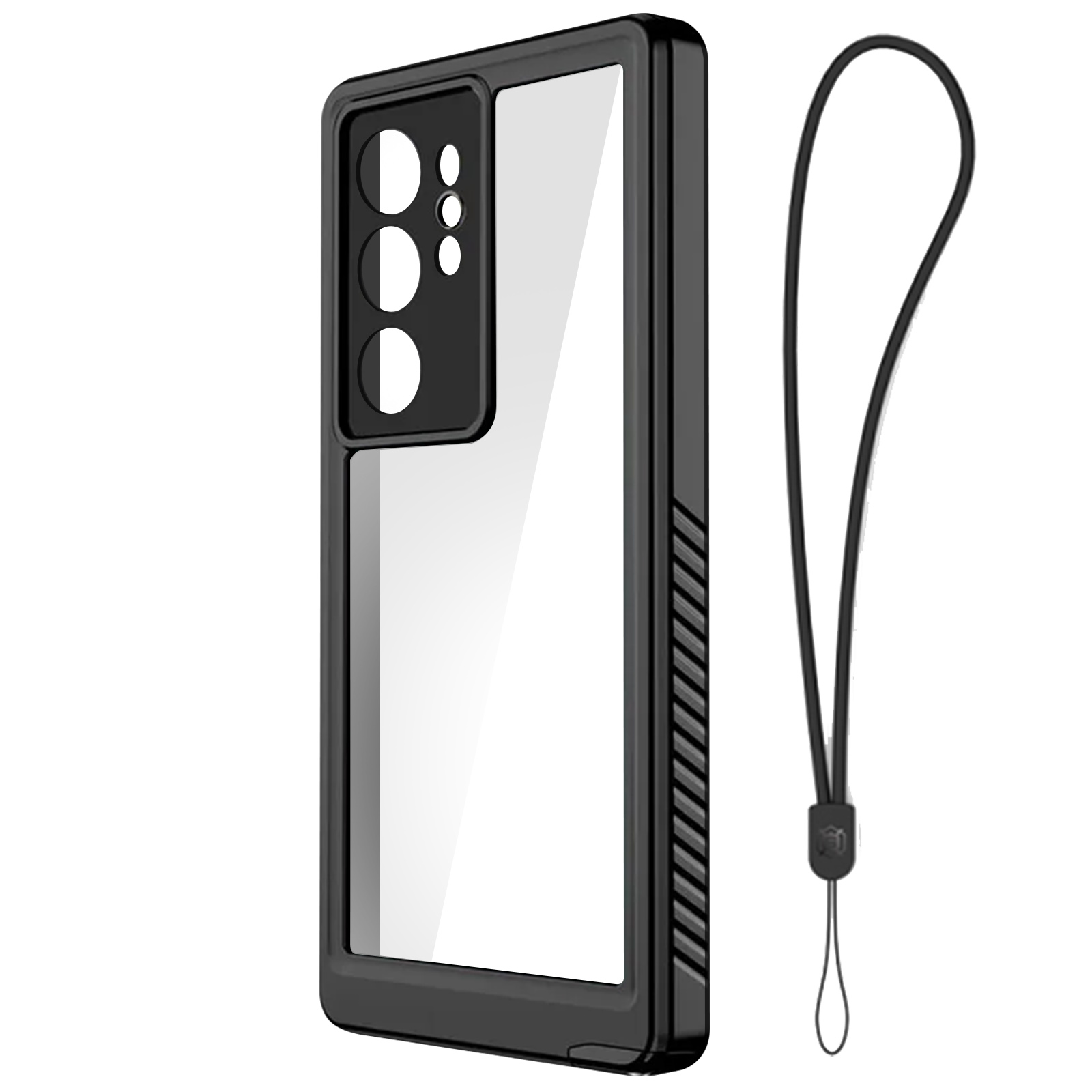 Custodia per telefono nera con retro trasparente, che mostra fotocamera e cinturino, su sfondo bianco.