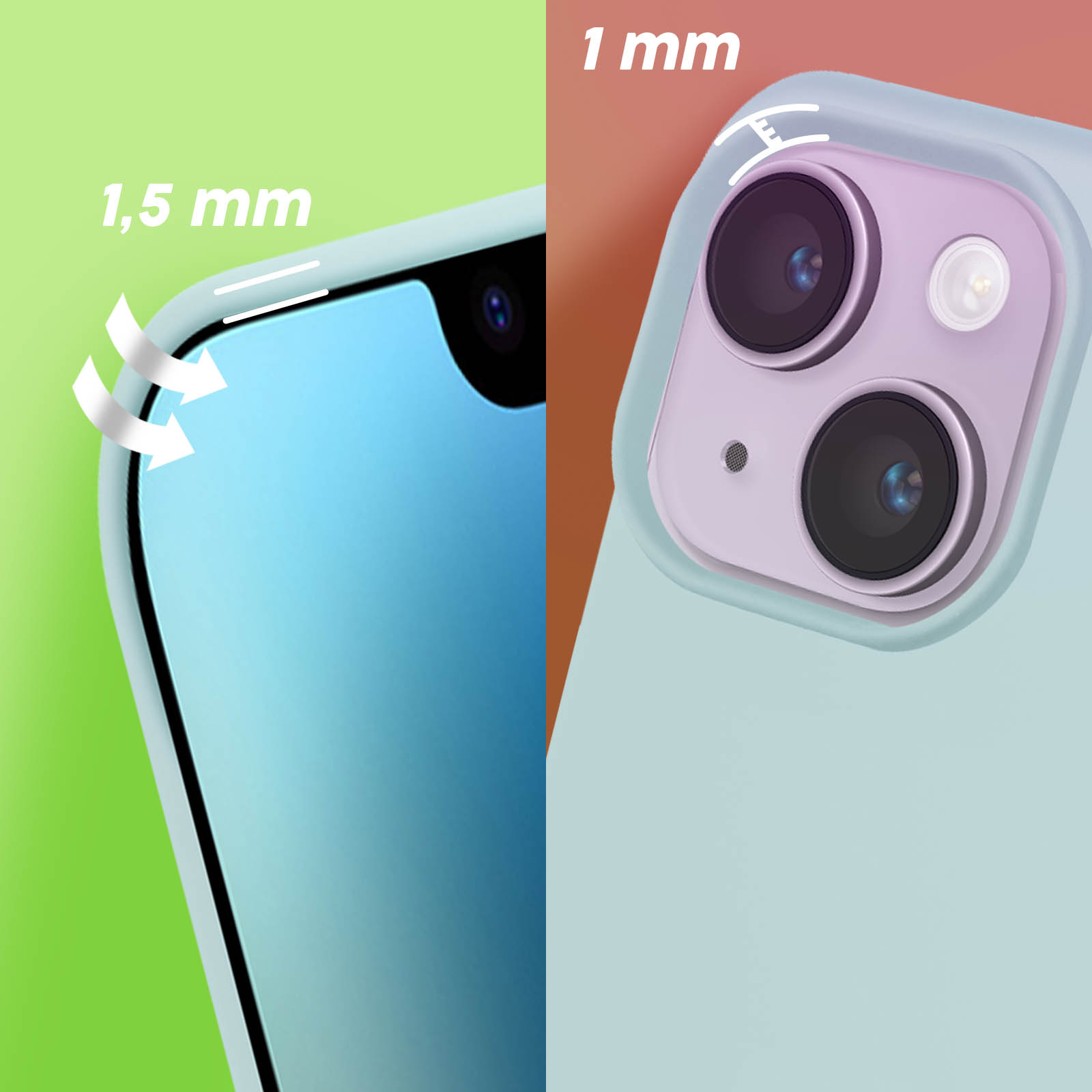 Close-up van een lichtblauwe telefoonhoes met cameradetails en hoekmetingen.