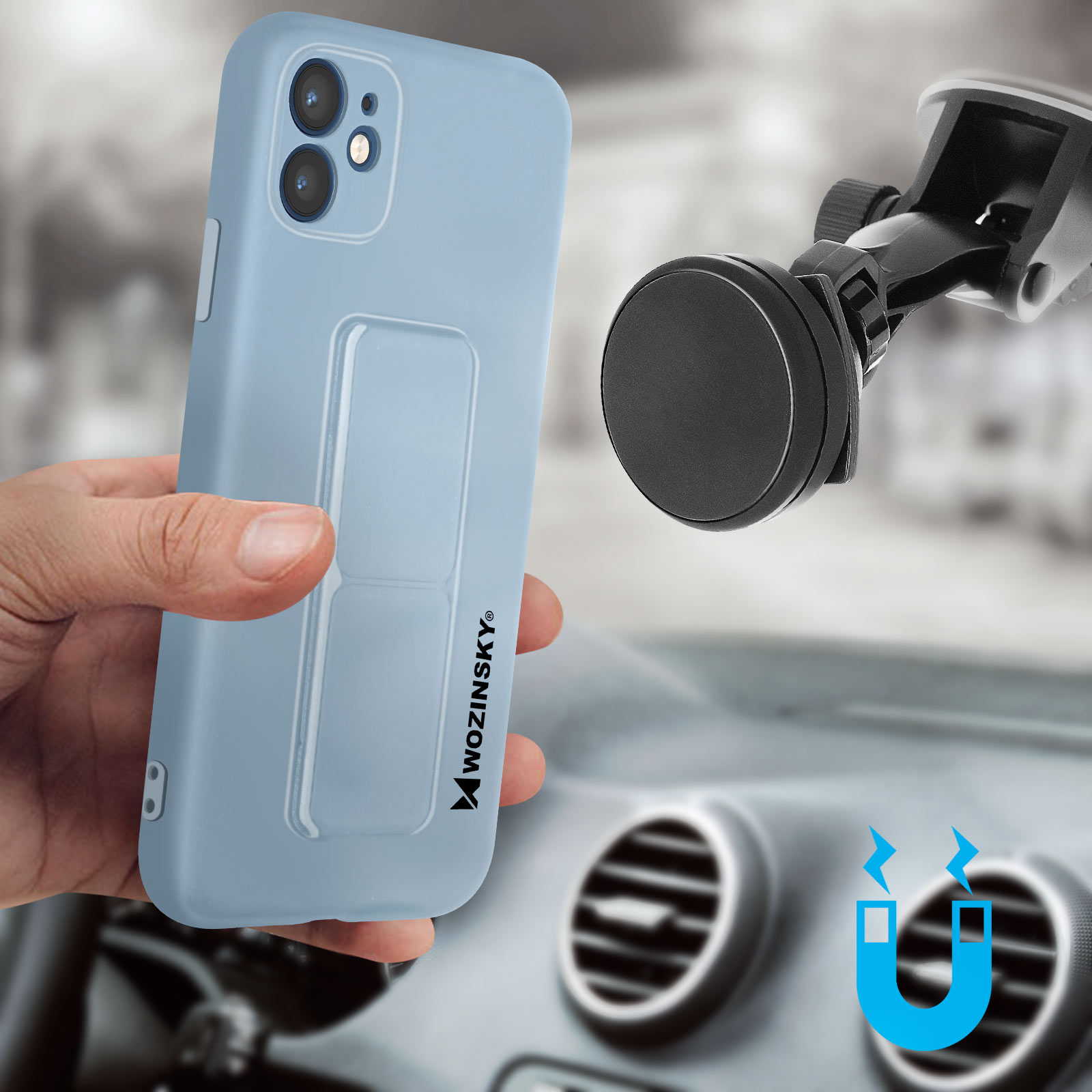 Ręka trzyma niebieskie etui na telefon w pobliżu kratki wentylacyjnej samochodu. Pojawia się symbol magnesu.