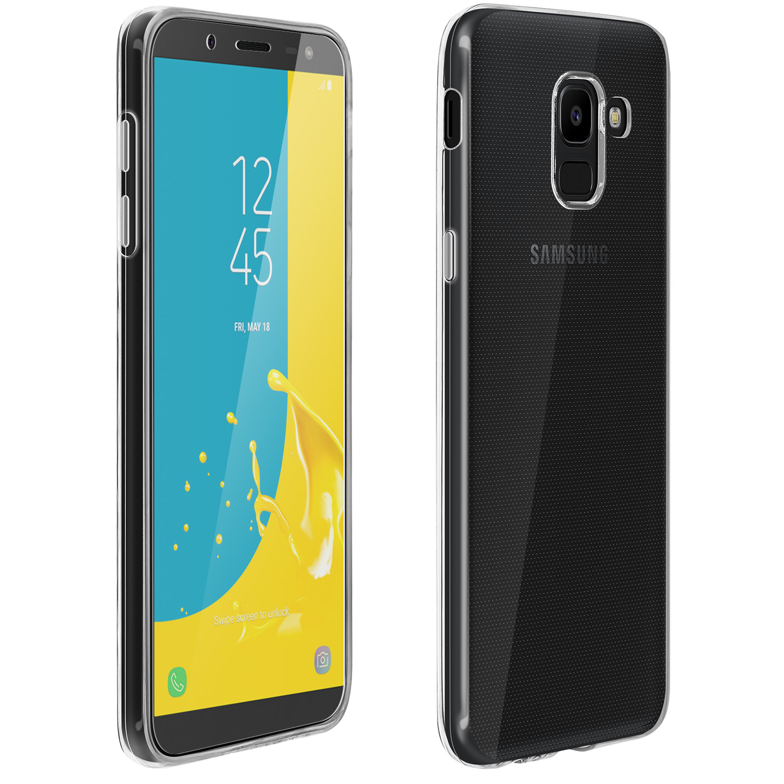 Due viste di un telefono Samsung in una custodia trasparente, che mostrano lo schermo e il retro.