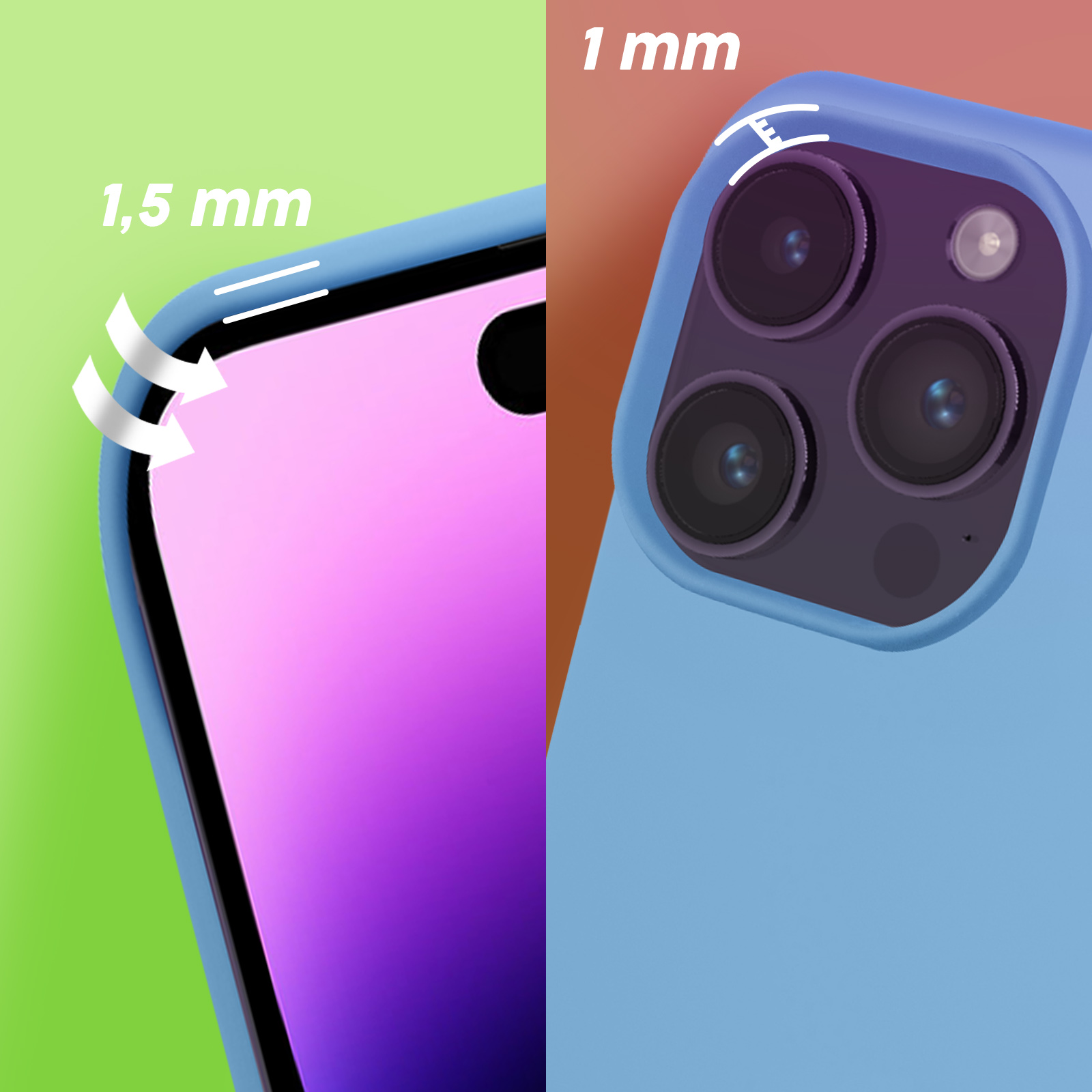 Telefoonhoesje detail: blauwe hoes, met zij- en bovenranden. Afmetingen zijn 1,5 mm en 1 mm. Witte pijlen.