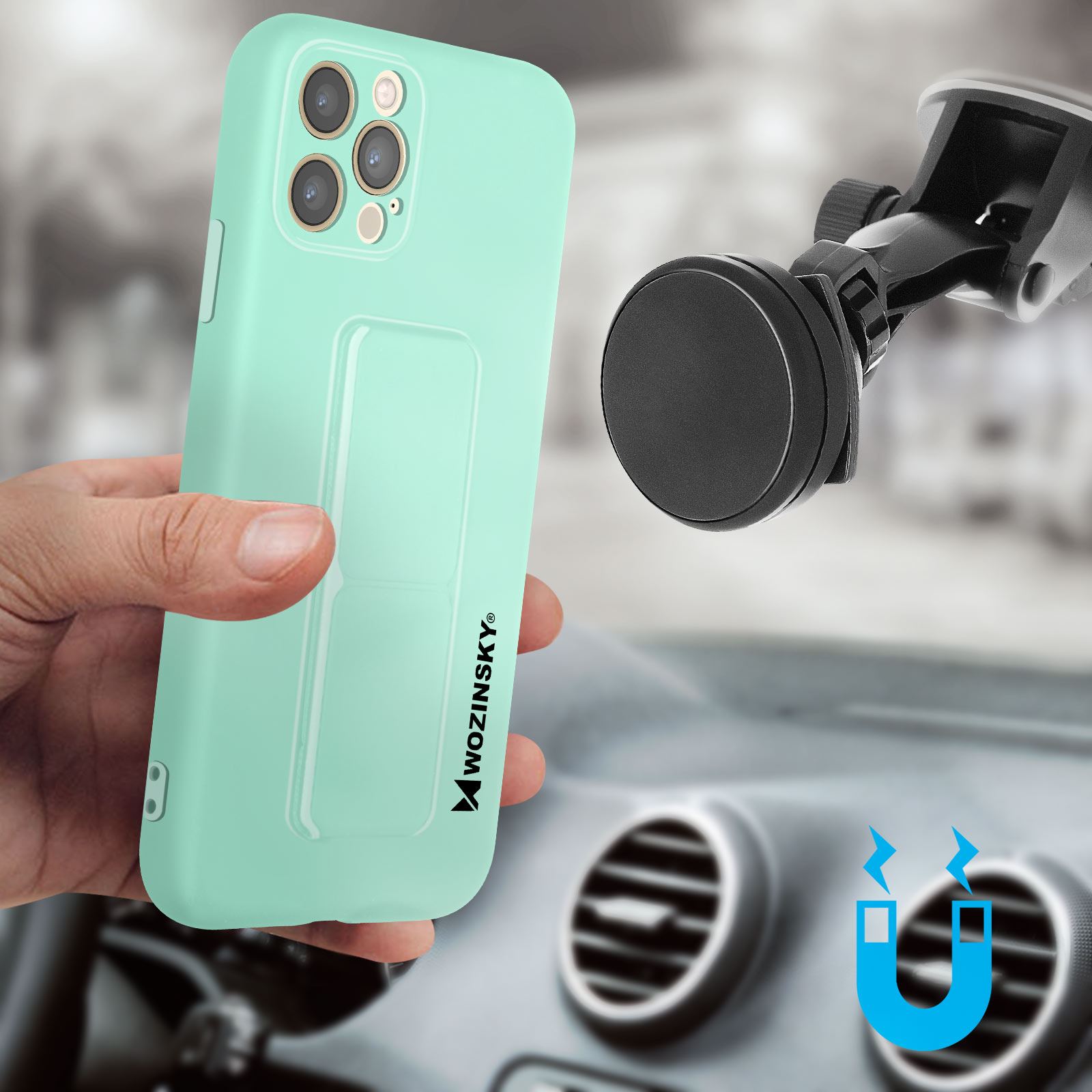 Ręka trzyma miętowy zielony futerał na telefon, obok znajduje się magnetyczny uchwyt na telefon. W tle wnętrze samochodu.