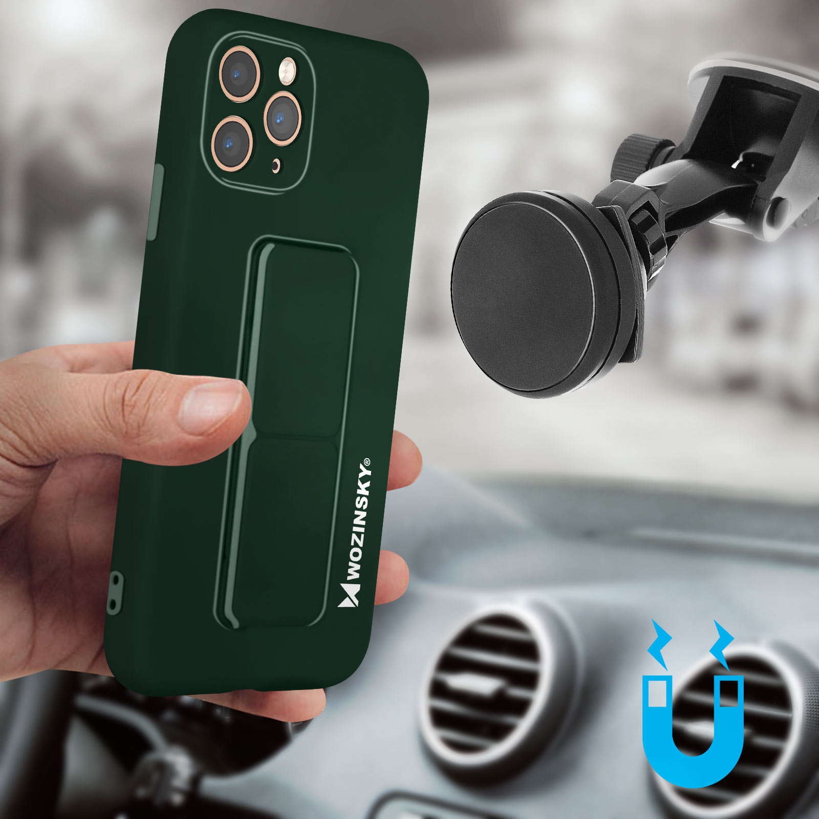 Zielone etui na telefon z podpórką i uchwytem do kratki wentylacyjnej. Widoczna ikona magnetyczna.