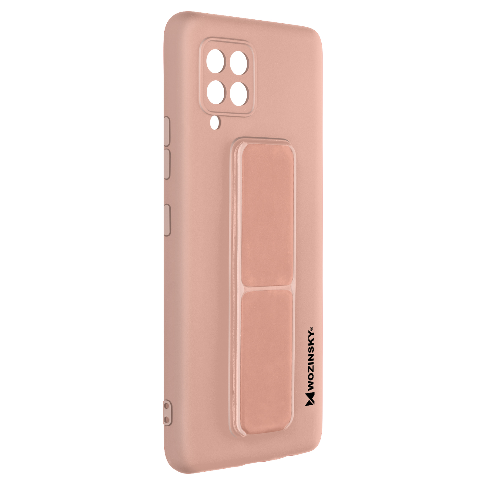 Różowe etui na telefon z wysuwanym uchwytem z tyłu. Tło jest gładkie.