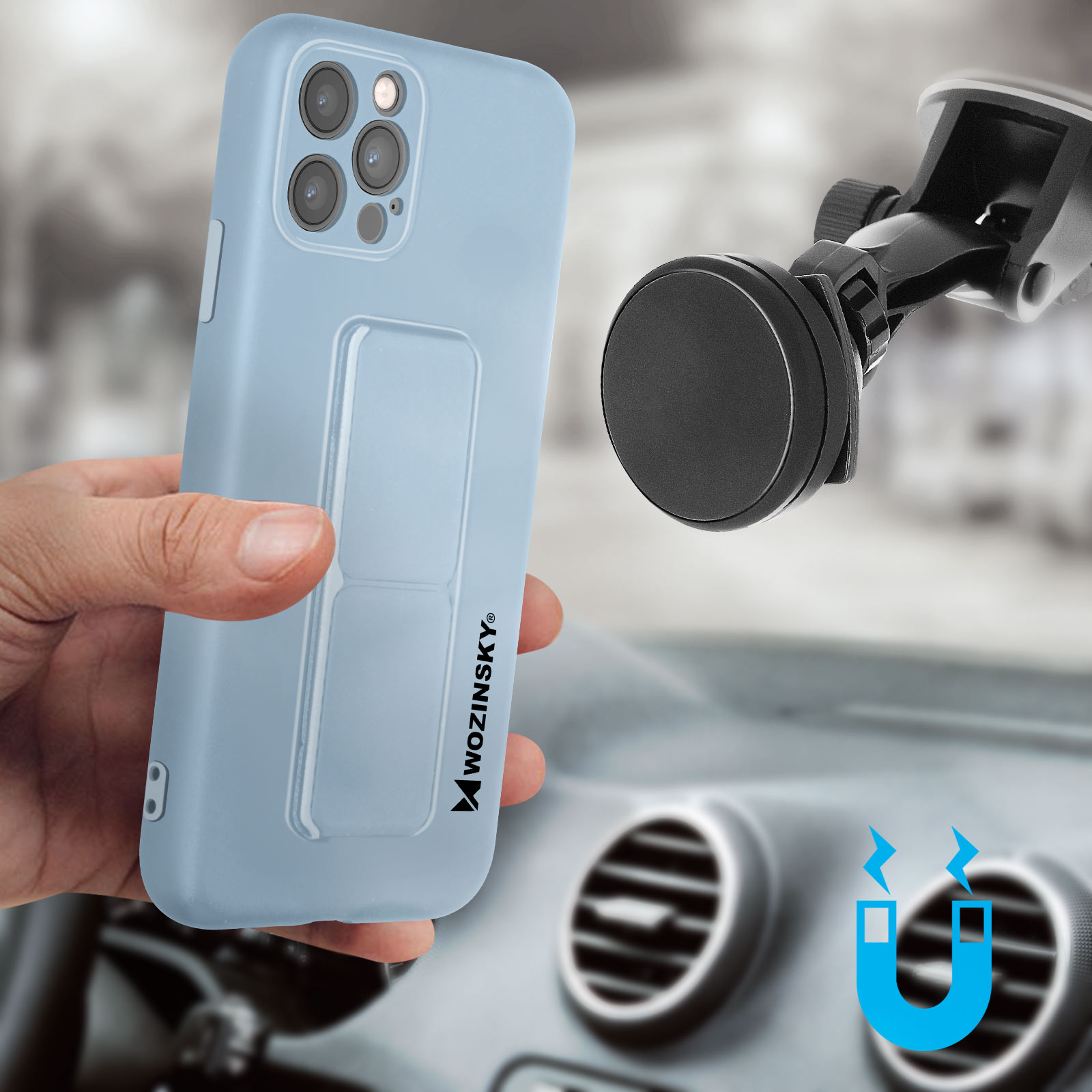 Ręka trzymająca jasnoniebieskie etui na telefon z dołączonym magnetycznym uchwytem samochodowym. Telefon jest widoczny.