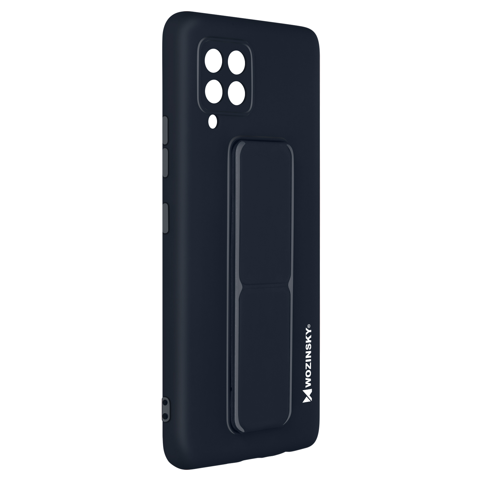 Ciemnoniebieskie etui na telefon z podpórką. Widoczna marka 'WOZINSKY'.