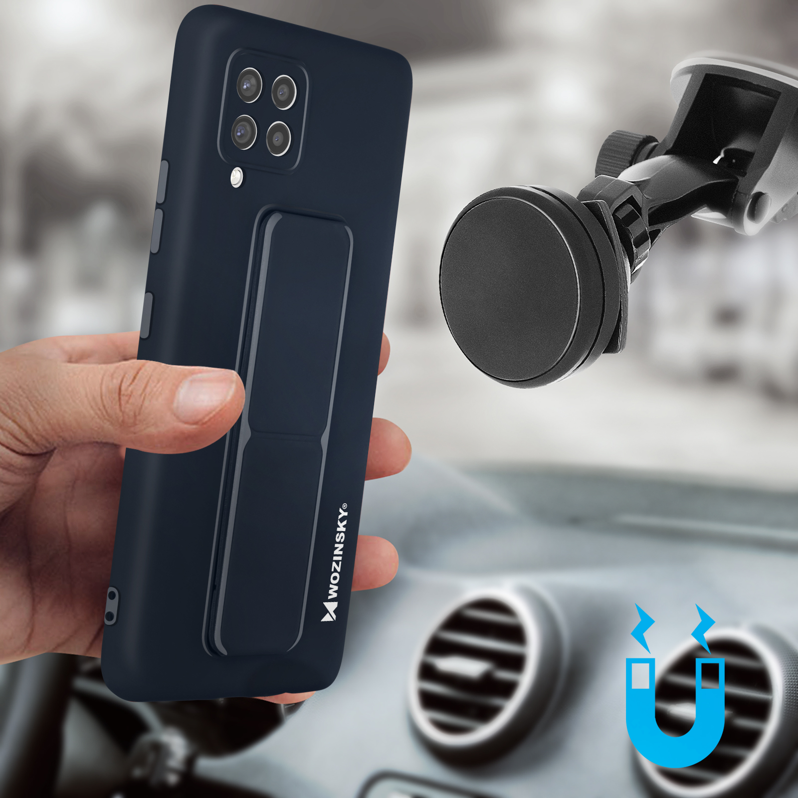 Ciemnoniebieskie etui na telefon ze stojakiem jest trzymane obok otworu wentylacyjnego samochodu i magnetycznego uchwytu.
