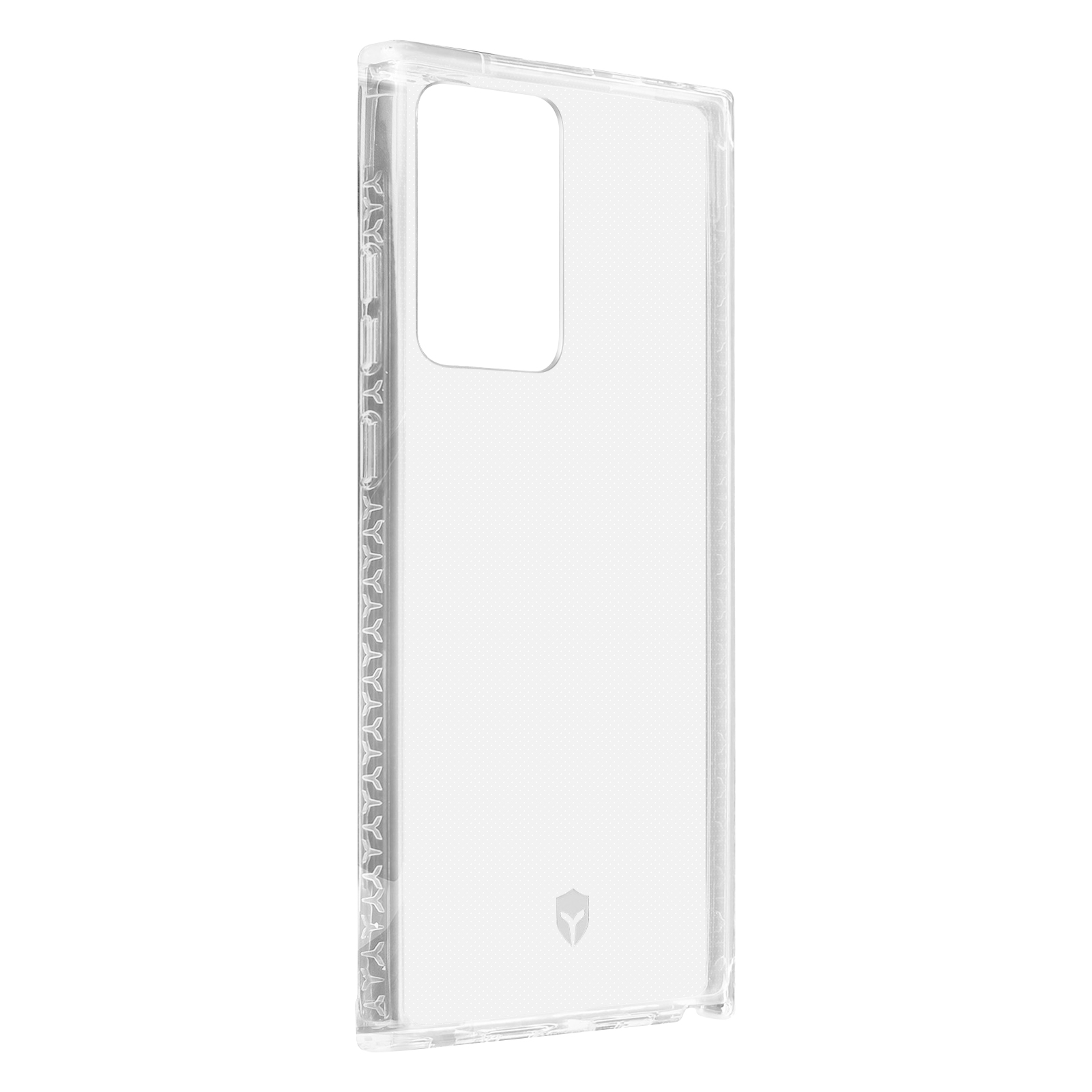 Coque de téléphone transparente avec une découpe rectangulaire. Fond blanc. Vue en angle.
