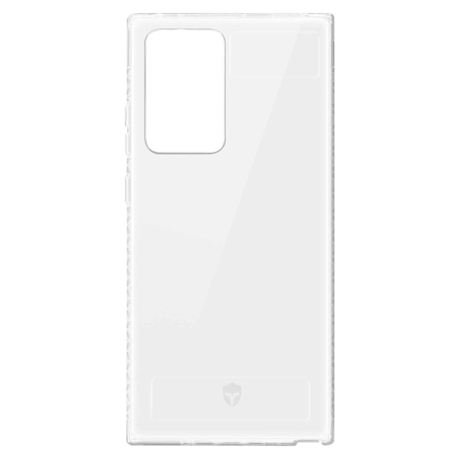 Coque de téléphone transparente avec découpe rectangulaire pour la caméra et logo.