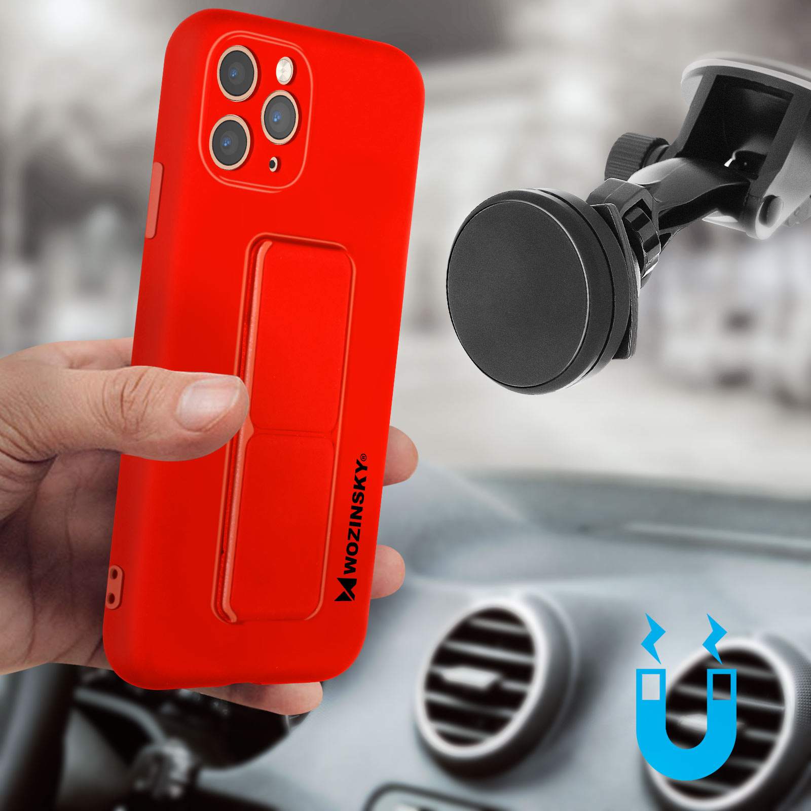 Czerwone etui na telefon trzymane w dłoni, z uchwytem samochodowym. Niebieska ikona magnesu.