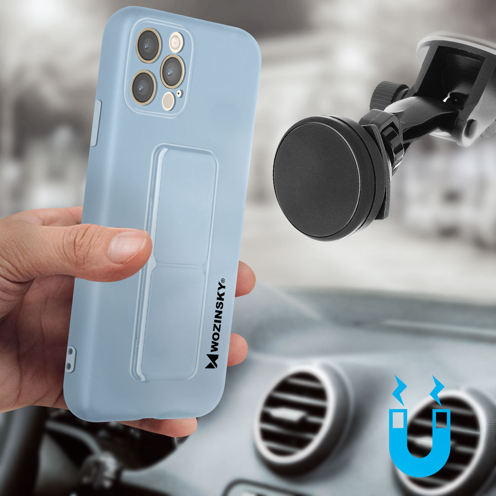 Jasnoniebieskie etui na telefon z telefonem i uchwytem samochodowym. Pokazano symbol magnetyzmu.