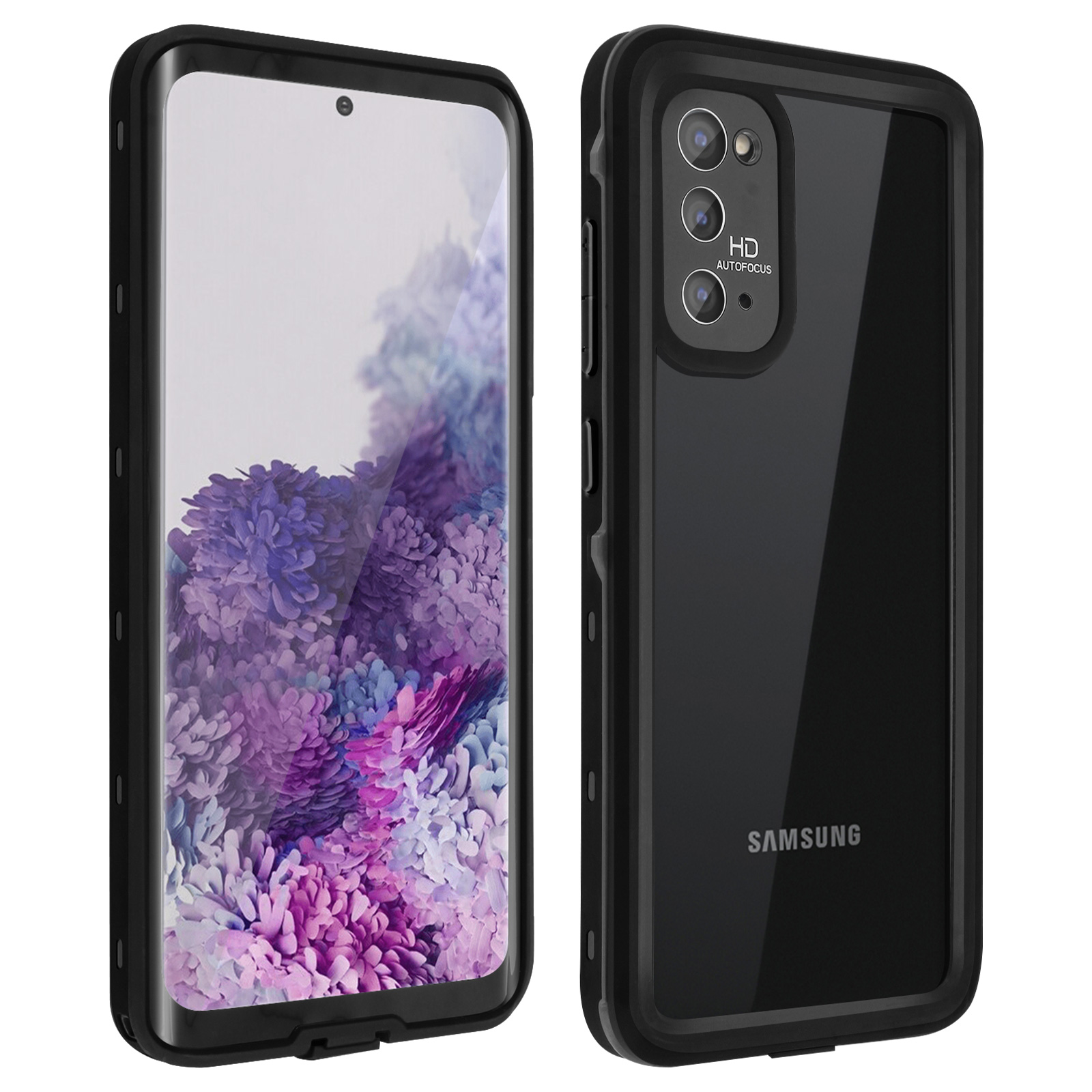 Custodia nera per telefono, fronte e retro. Schiena trasparente con logo Samsung.