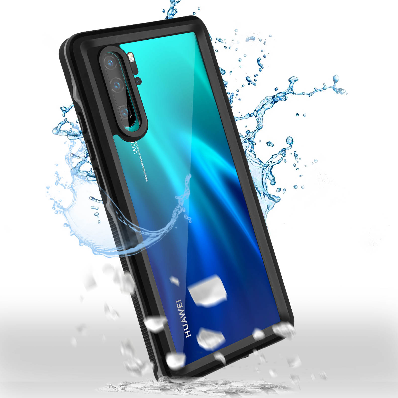 Custodia nera per telefono con acqua che schizza intorno a un telefono. Il telefono è visibile.