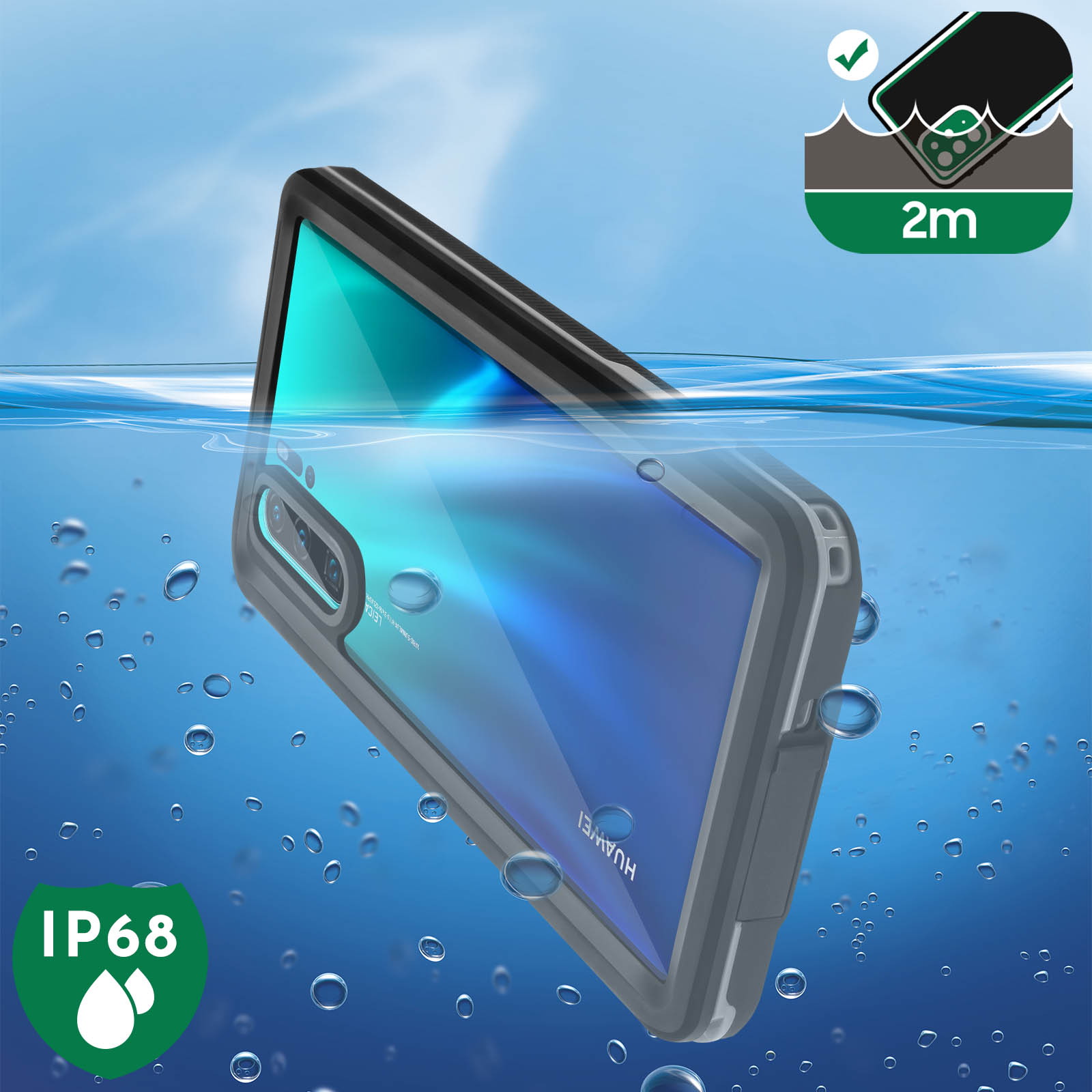 Telefono in custodia impermeabile in acqua, etichette IP68 e 2m.